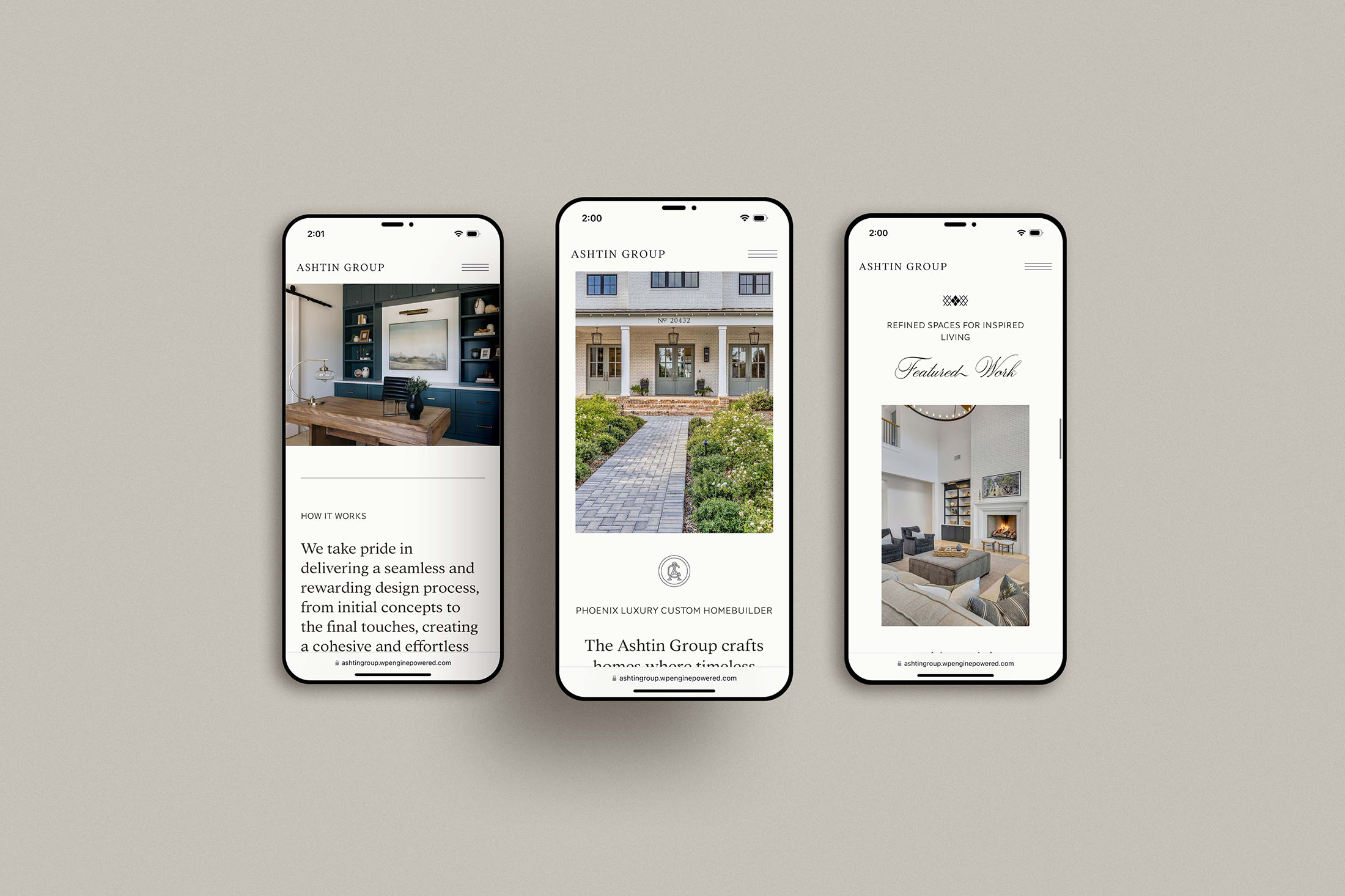 Three smartphones showcasing different sections of the Ashtin Group website, highlighting home designs, project features, and the design process.