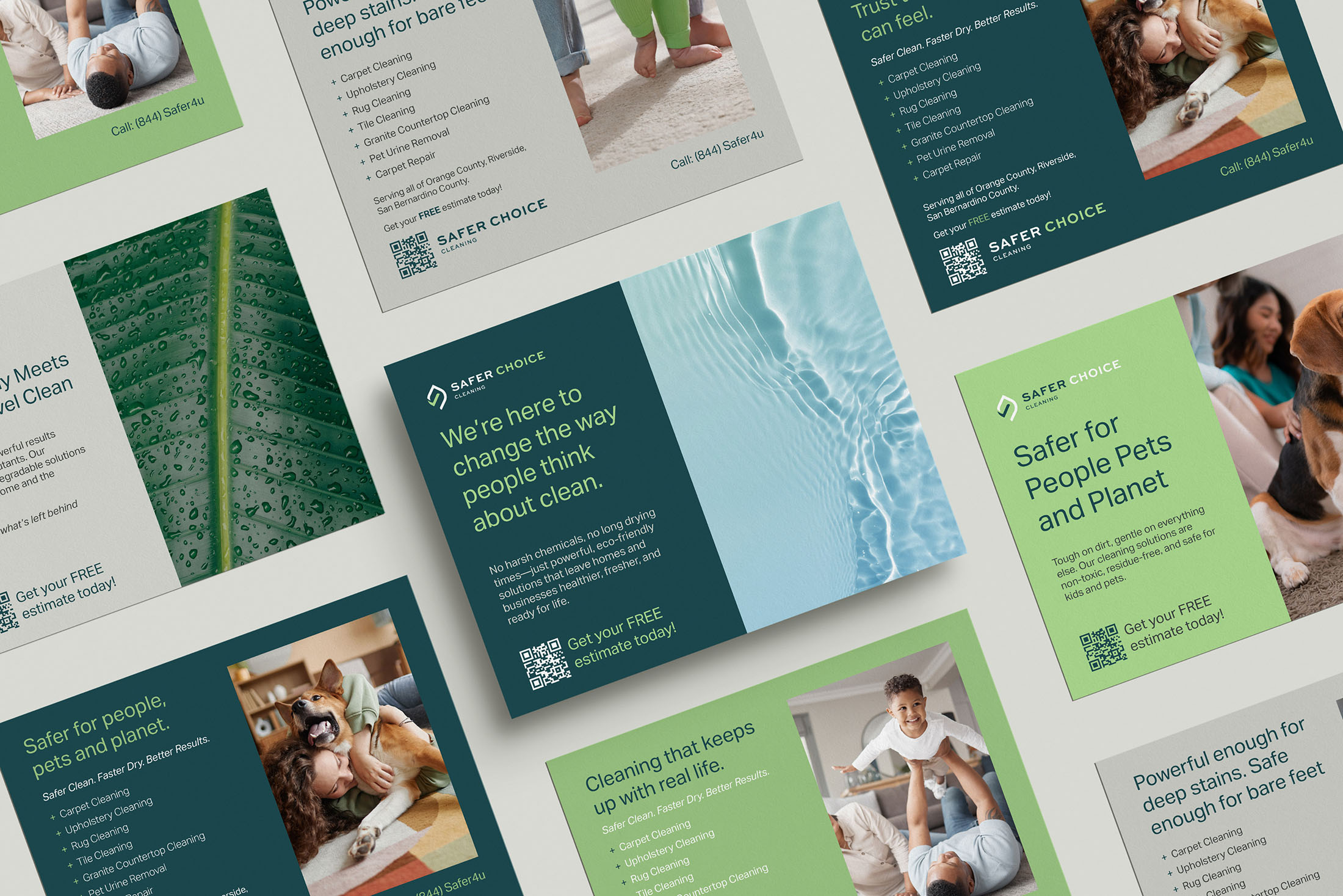 Flat lay of Safer Choice Cleaning print marketing materials featuring eco-friendly messaging, clean modern design, brand colors, service listings, and pet-friendly imagery.