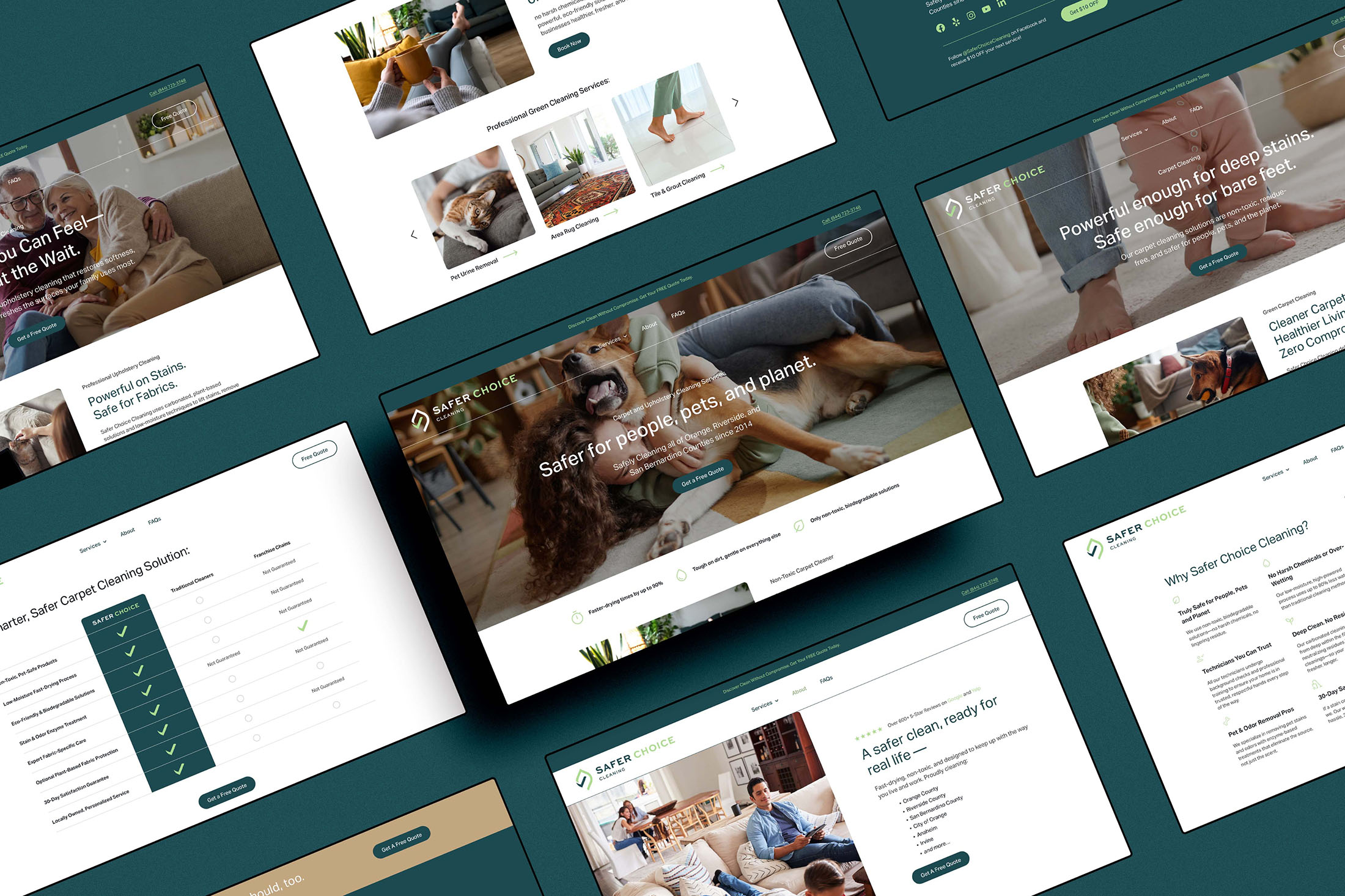 Flat lay of Safer Choice Cleaning website mockups showcasing clean, user-friendly page designs with eco-conscious messaging, service highlights, and family- and pet-friendly visuals.