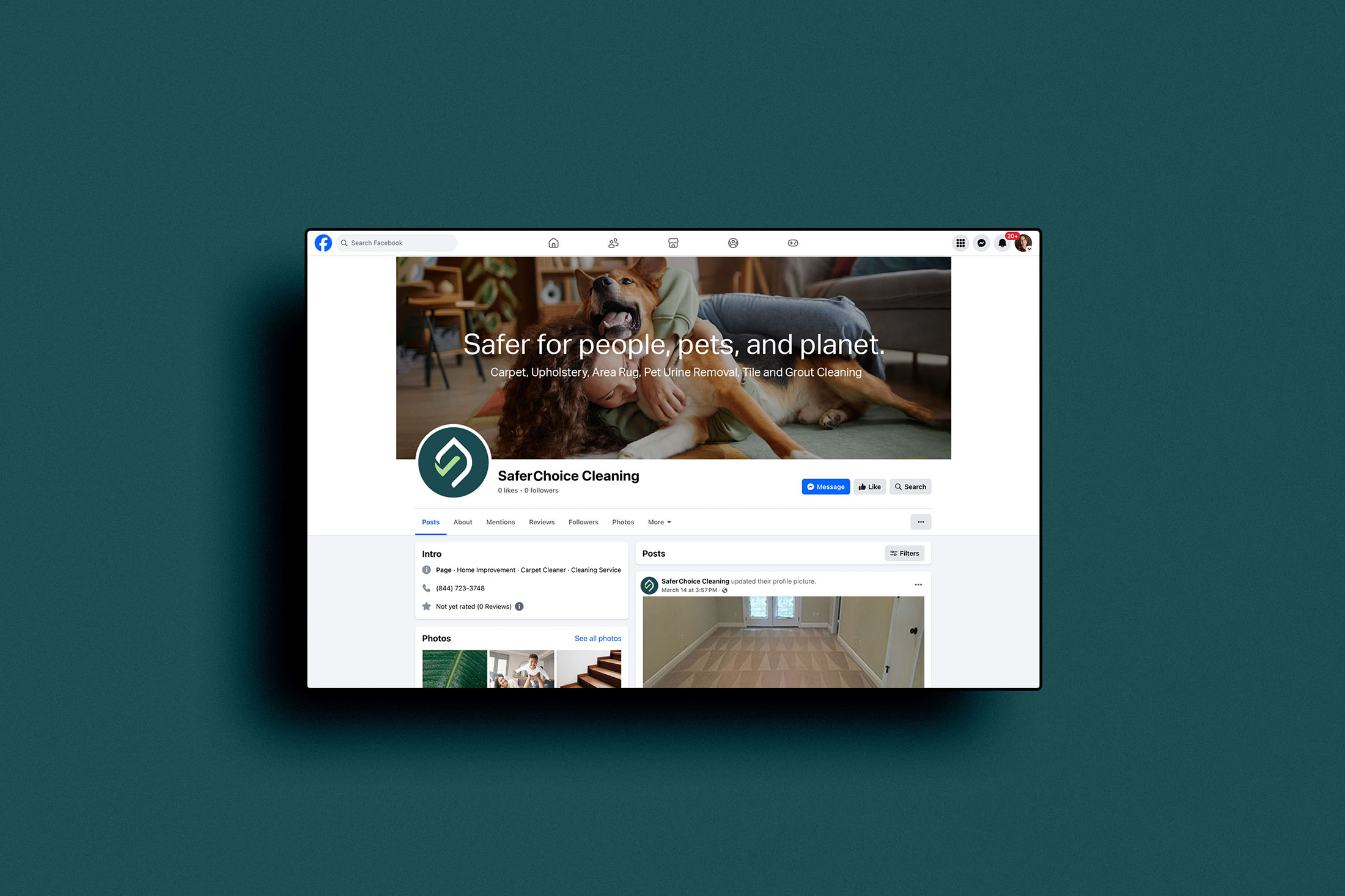Safer Choice Cleaning Facebook business page shown on a screen, featuring a branded cover photo with a woman hugging her dog and the tagline “Safer for people, pets, and planet.”