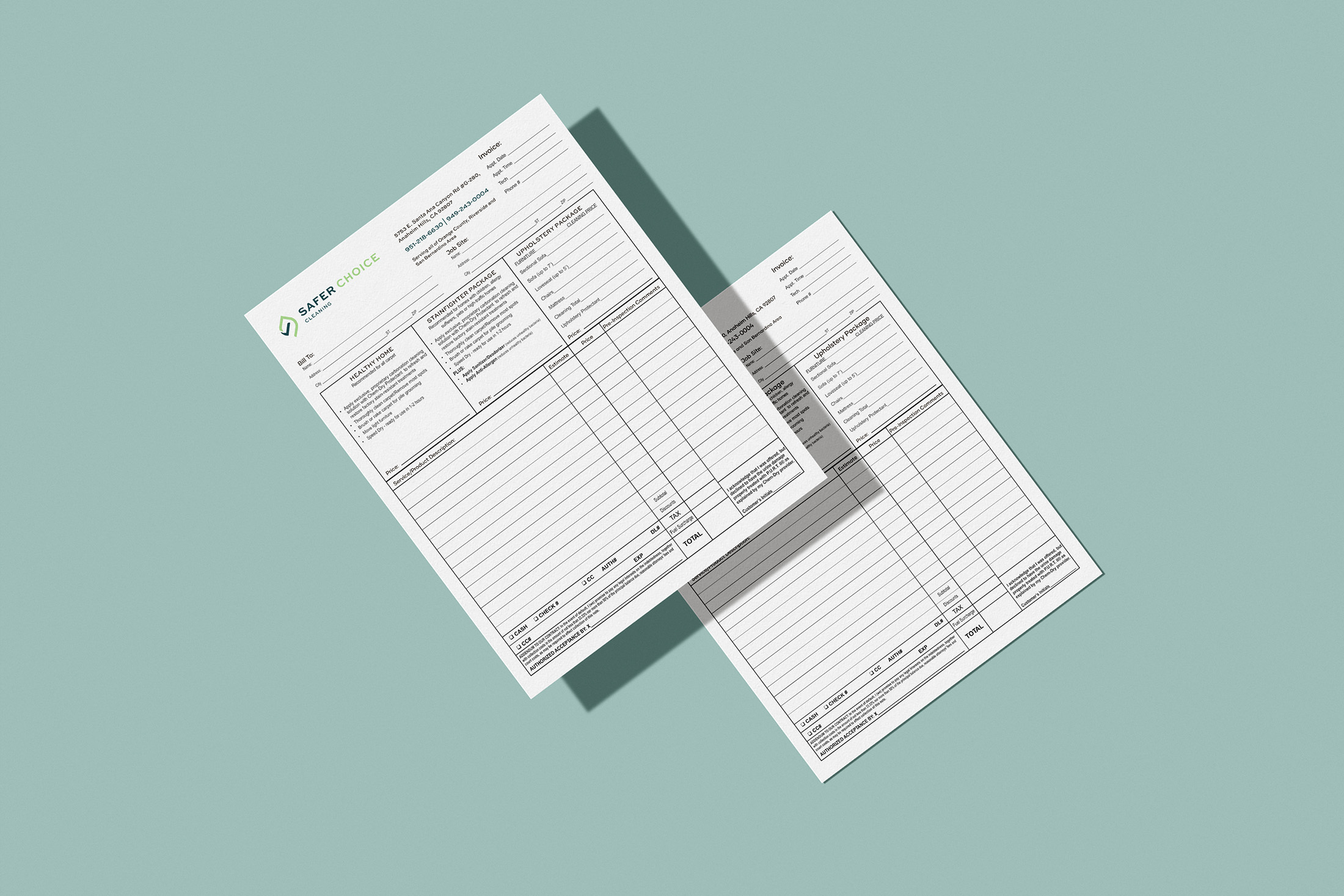 Two Safer Choice Cleaning branded service invoices displayed on a teal background, featuring package options, service details, and a clean, professional layout.