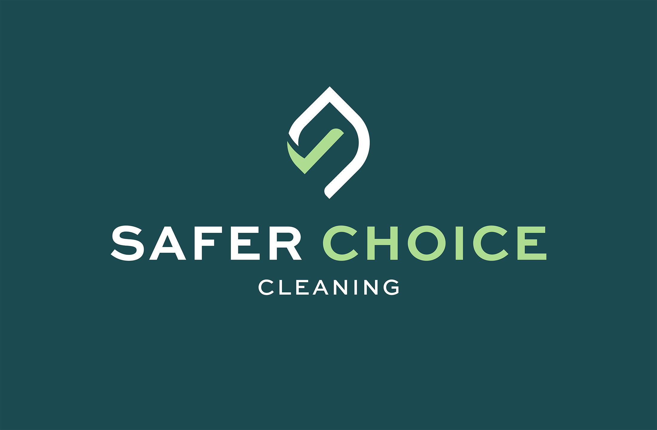 Safer Choice Cleaning logo featuring a modern green and white checkmark icon within a leaf shape, paired with bold sans-serif typography on a dark teal background.