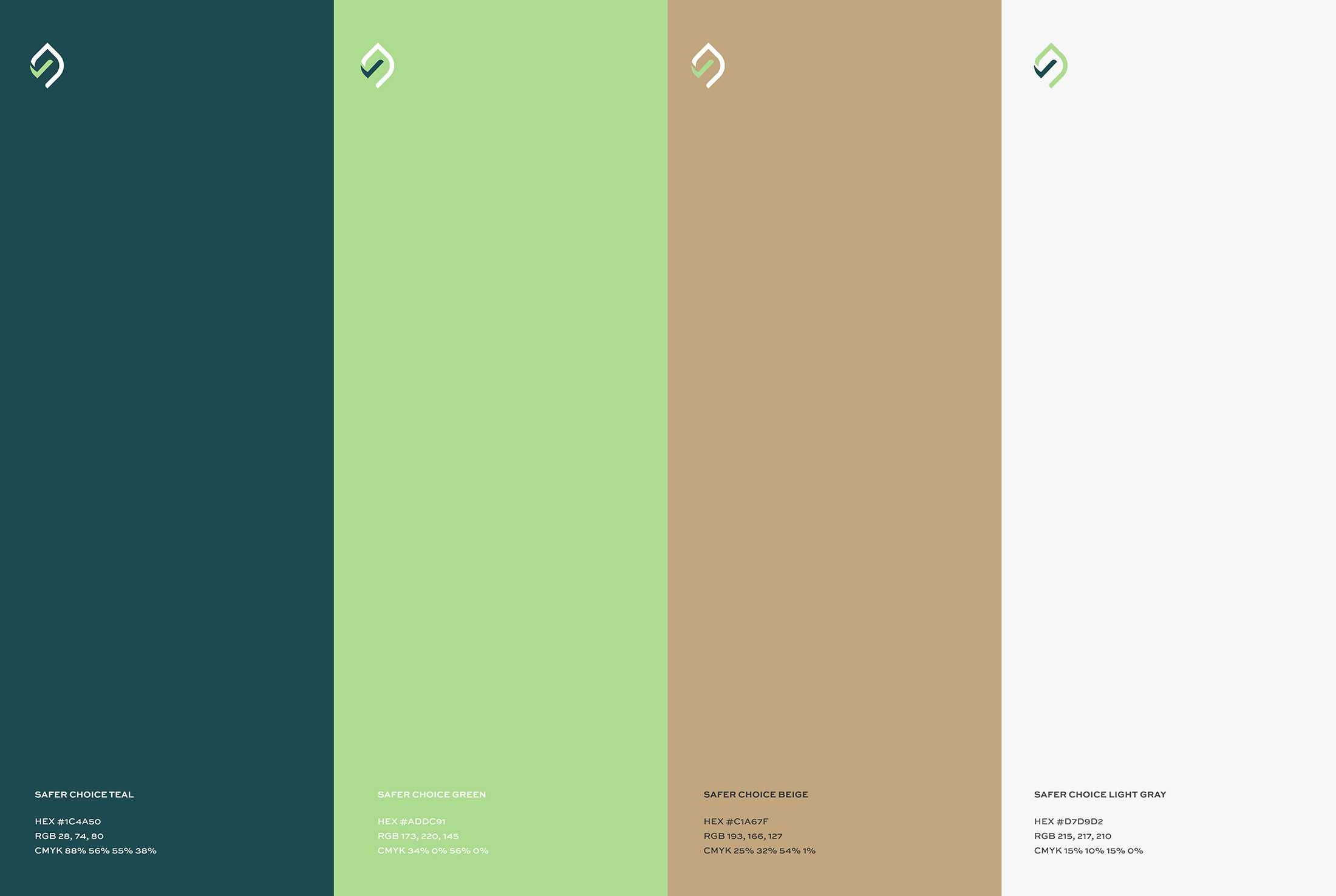 Safer Choice Cleaning brand color palette featuring four vertical panels in teal, green, beige, and light gray, each labeled with HEX, RGB, and CMYK values for consistent branding.
