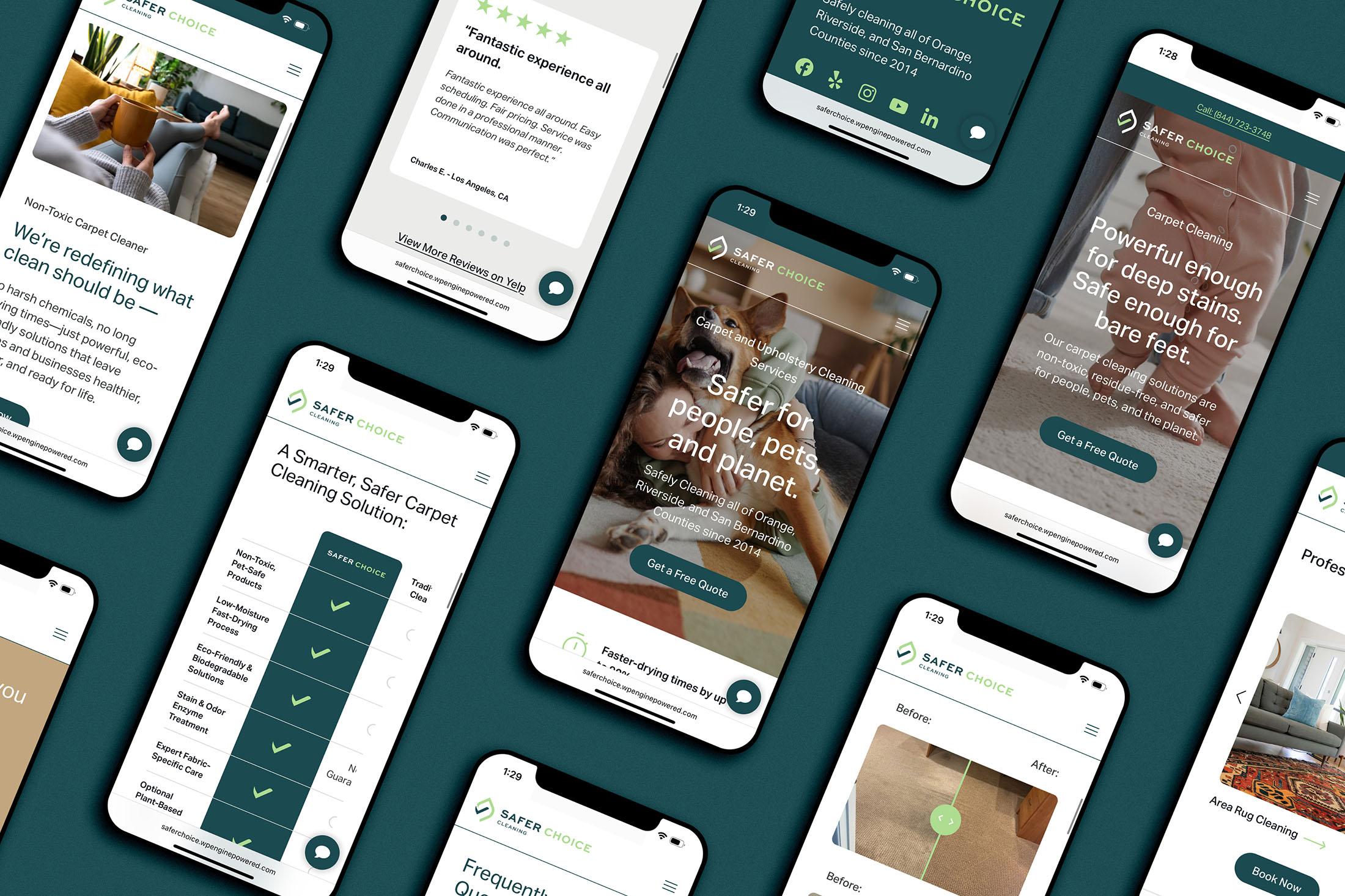 Mobile website mockups for Safer Choice Cleaning displayed on smartphones, featuring eco-friendly service highlights, customer testimonials, comparison charts, and a user-friendly interface.