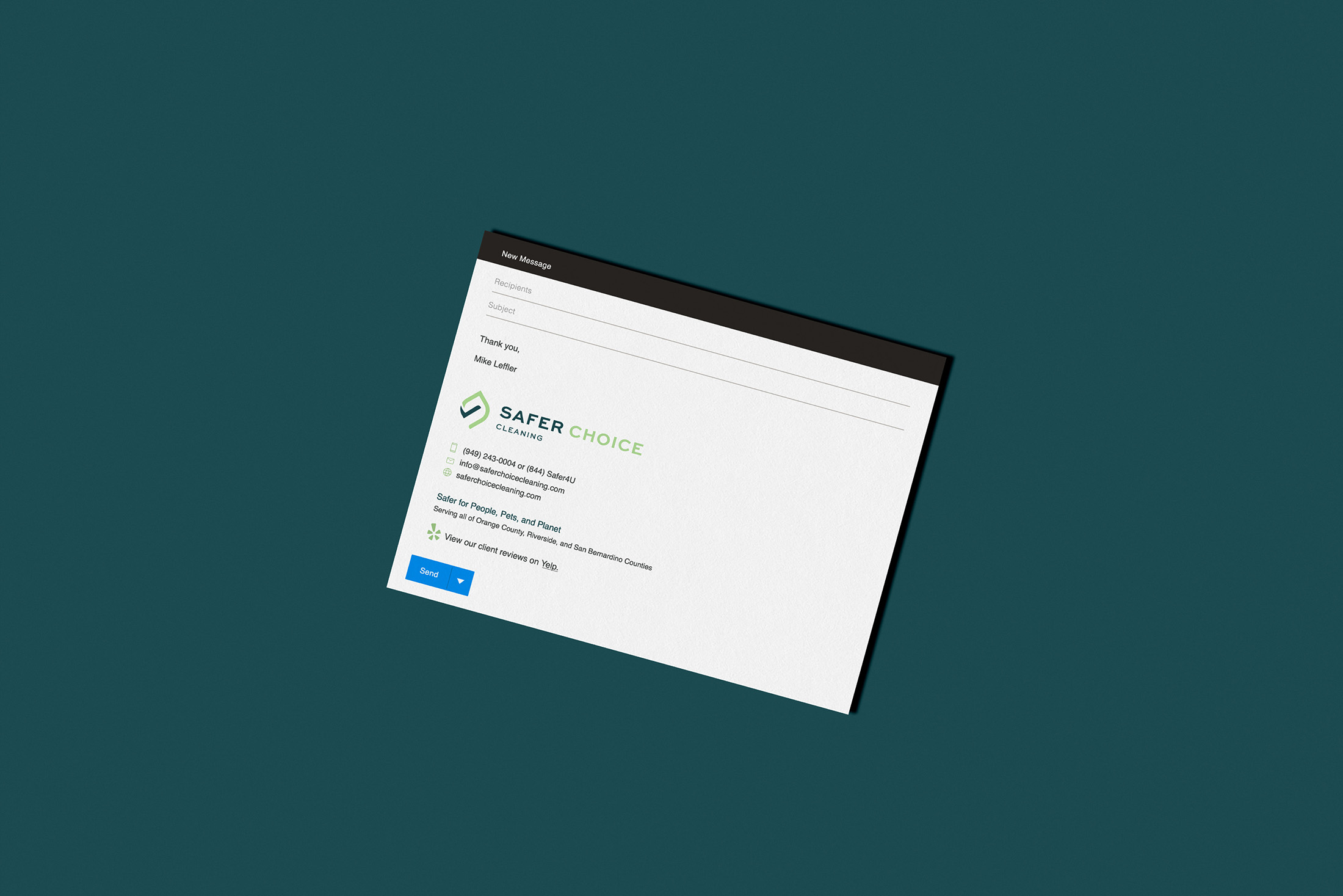 Email signature design for Safer Choice Cleaning shown in a new message window, featuring brand logo, contact details for Mike Leffler, service regions, and a Yelp review link.