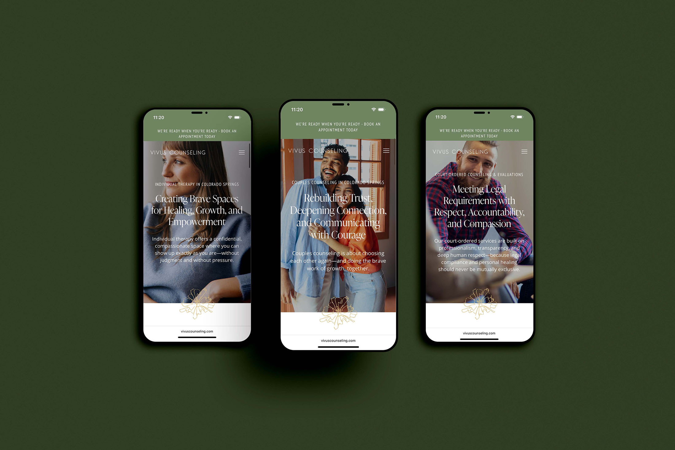 Alt text: Three smartphones displaying Vivus Counseling’s mobile website with therapy service pages for individual, couples, and court-ordered counseling.