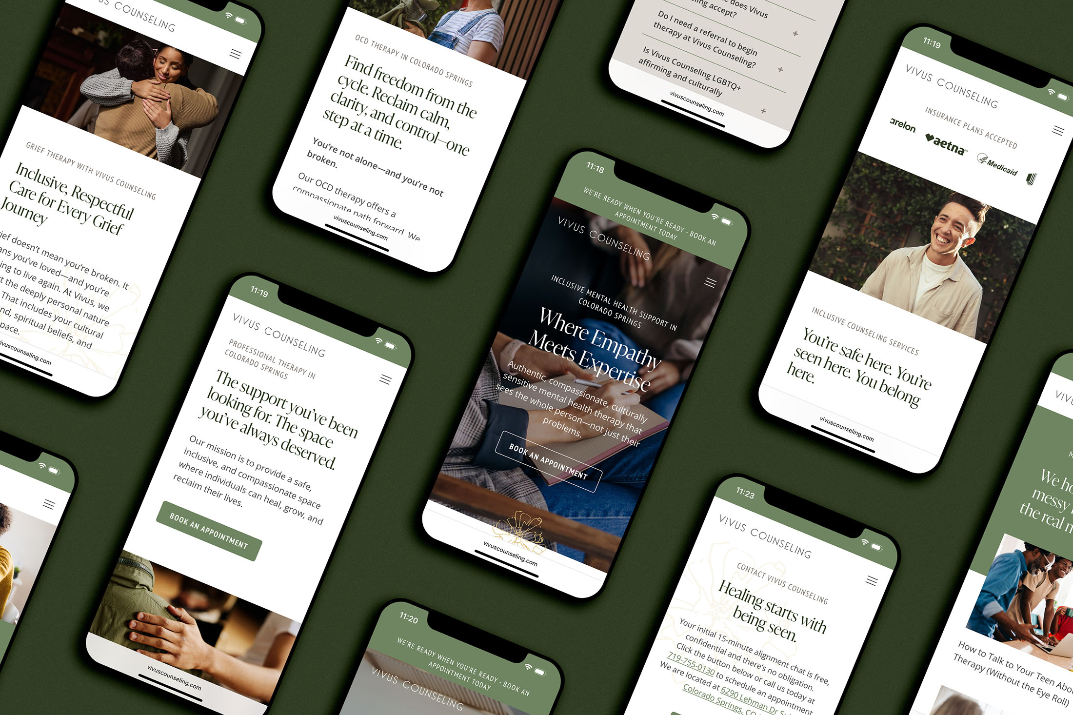 Alt text: Collage of Vivus Counseling mobile website screens featuring therapy services, client resources, insurance information, and compassionate mental health messaging.
