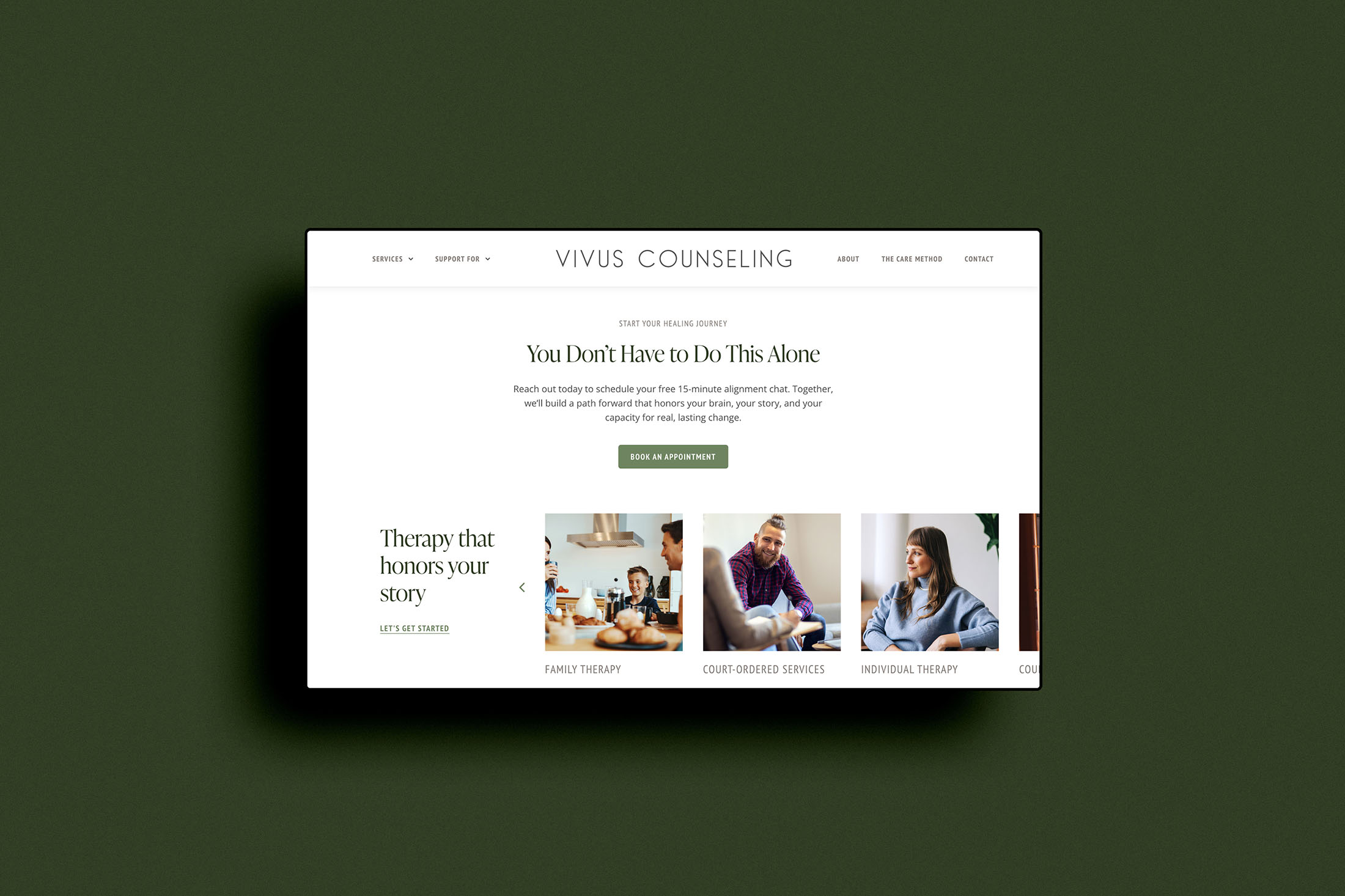 Alt text: Desktop view of Vivus Counseling’s homepage highlighting family therapy, individual therapy, and court-ordered services with a call to book an appointment.