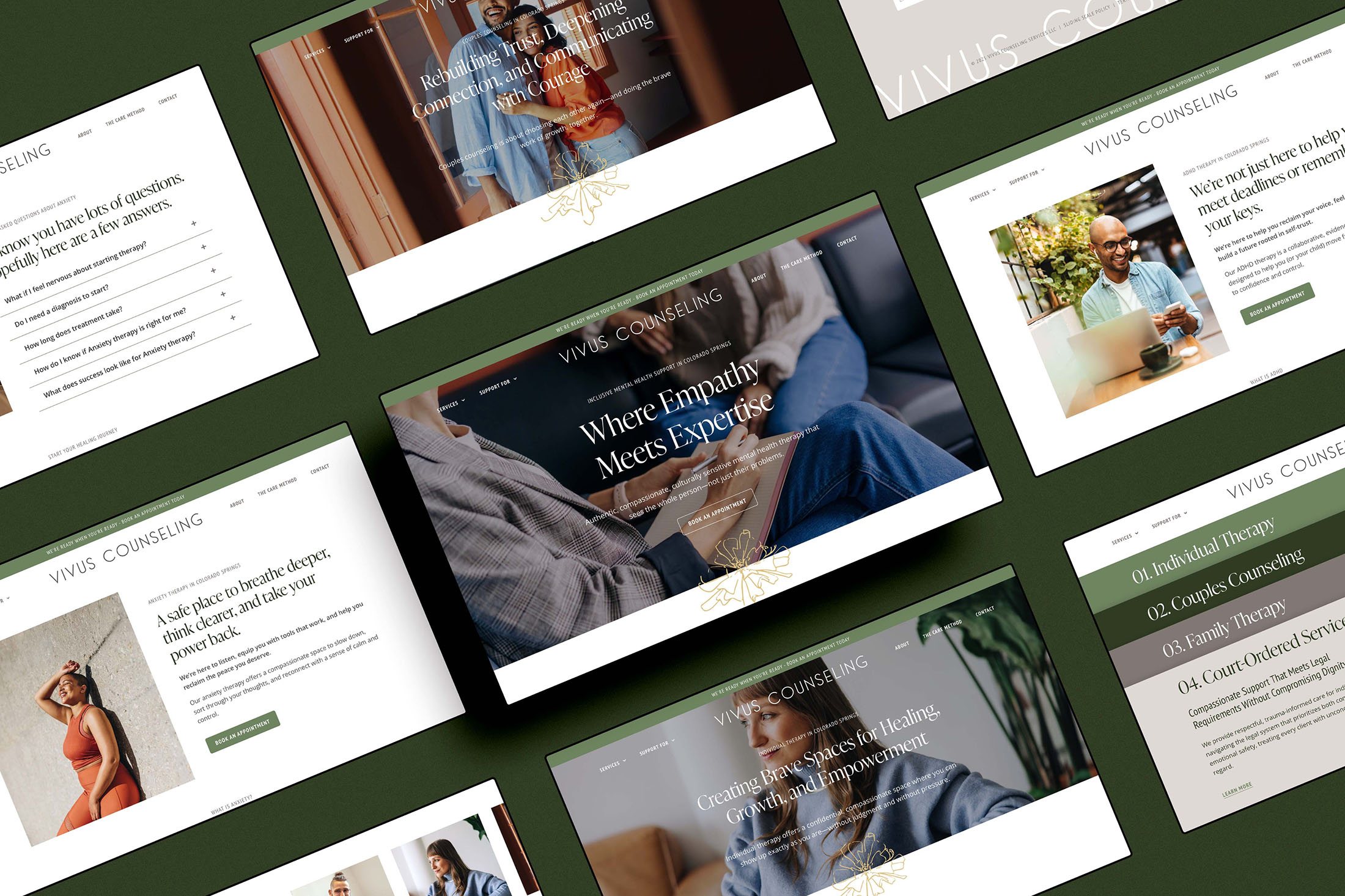 Alt text: Multiple angled desktop screens showcasing Vivus Counseling’s modern website design with service details, client FAQs, and inclusive therapy support pages.