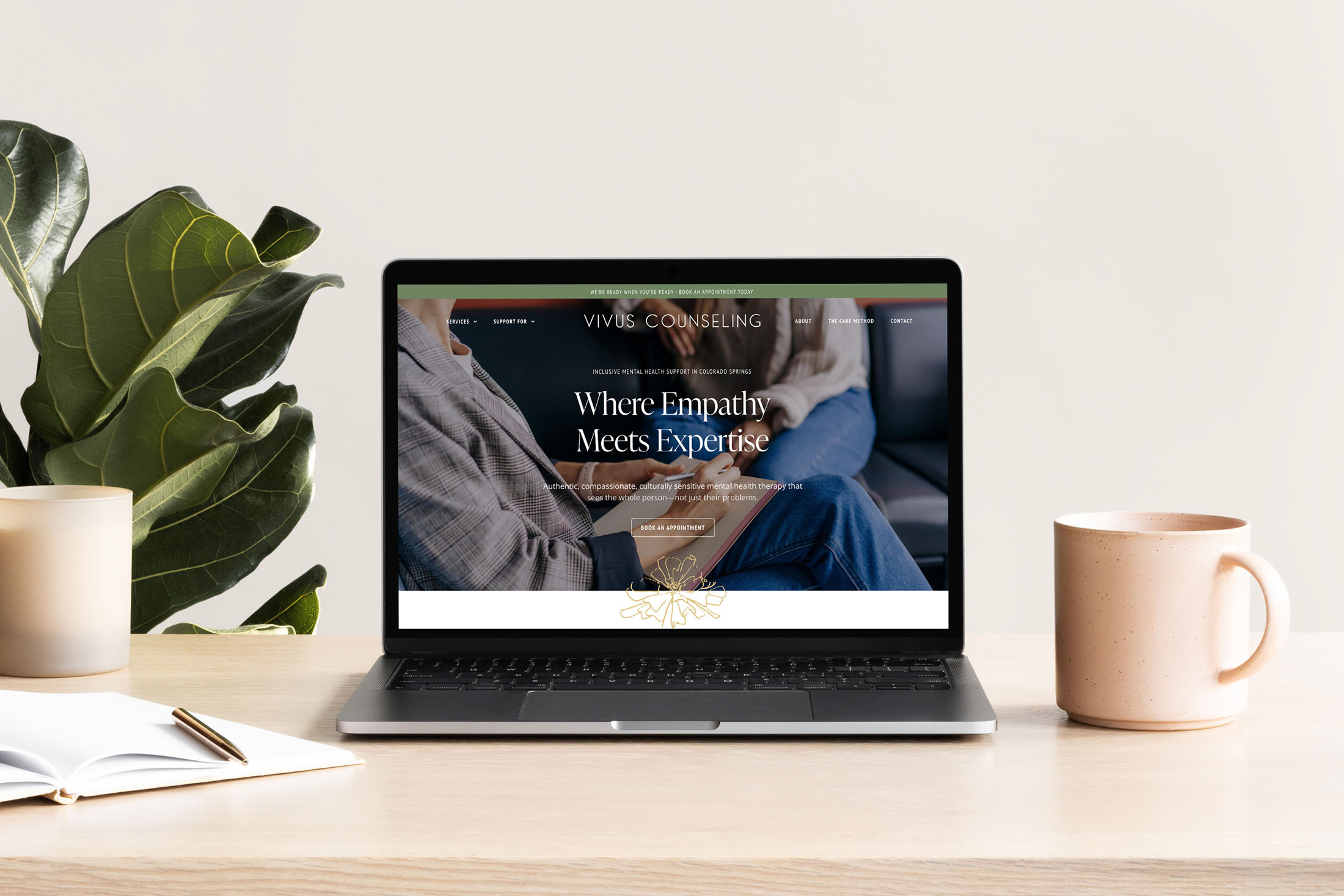 Alt text: Laptop displaying Vivus Counseling’s homepage reading “Where Empathy Meets Expertise,” styled with modern branding and placed on a desk with plants and coffee.