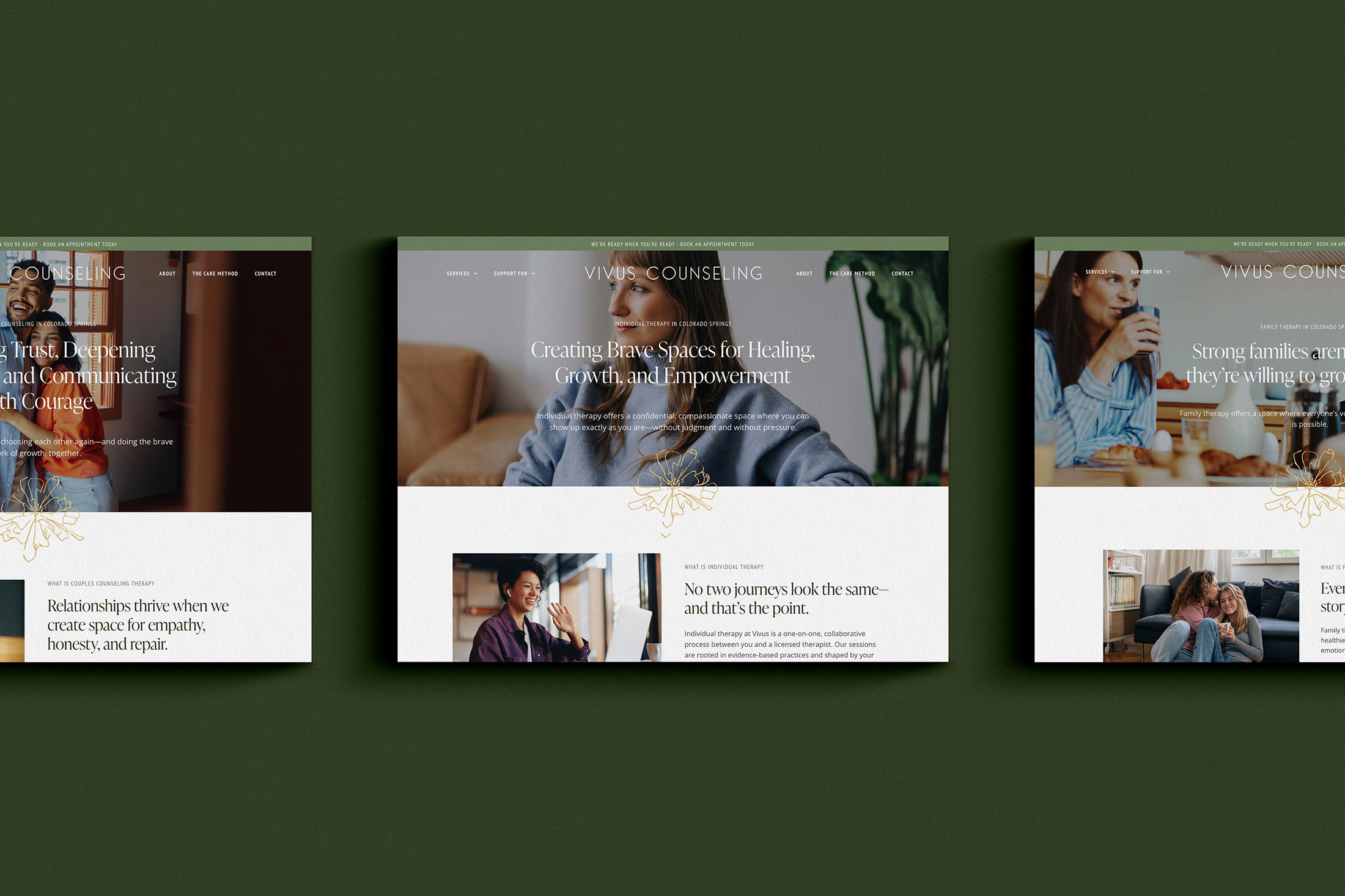 Alt text: Three desktop screens of Vivus Counseling’s website featuring therapy service pages for couples counseling, individual therapy, and family therapy.