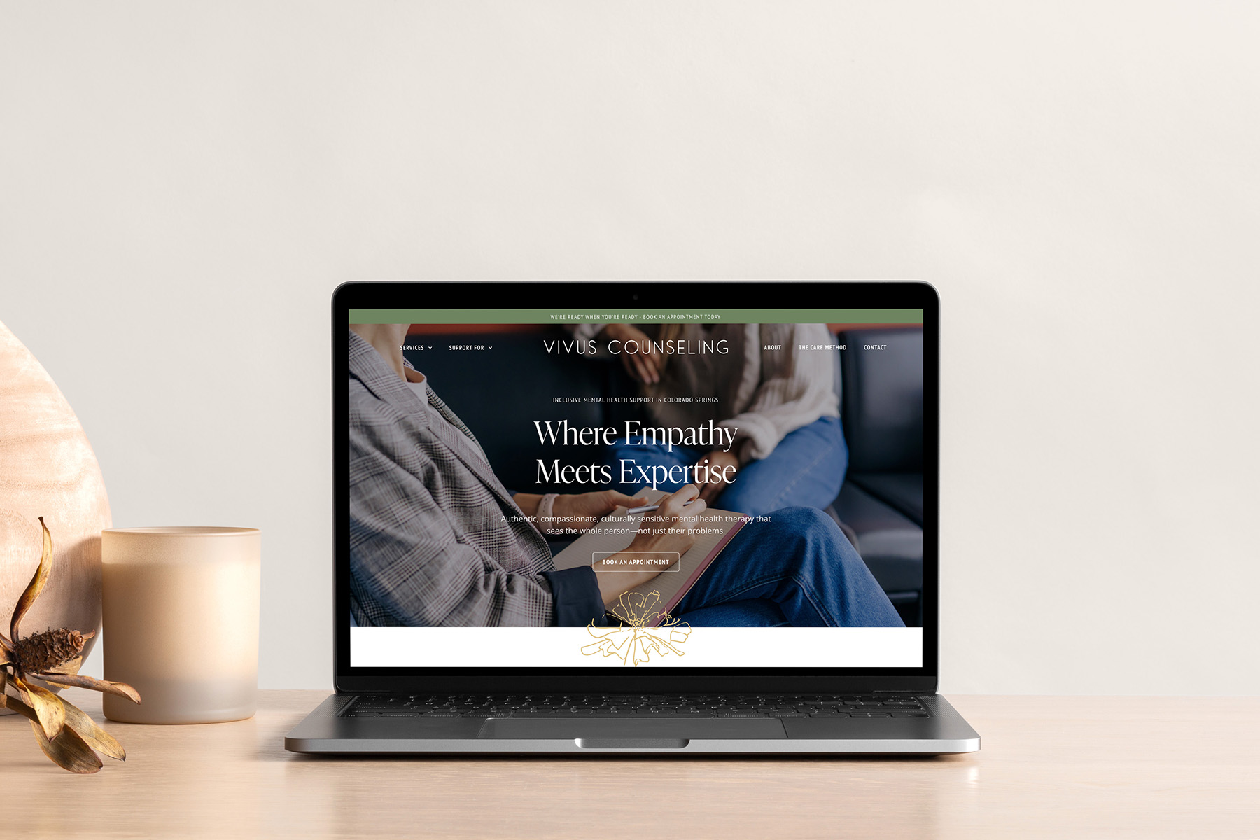 Close-up of Vivus Counseling homepage on laptop screen with tagline “Where Empathy Meets Expertise,” showcasing inclusive therapy design.