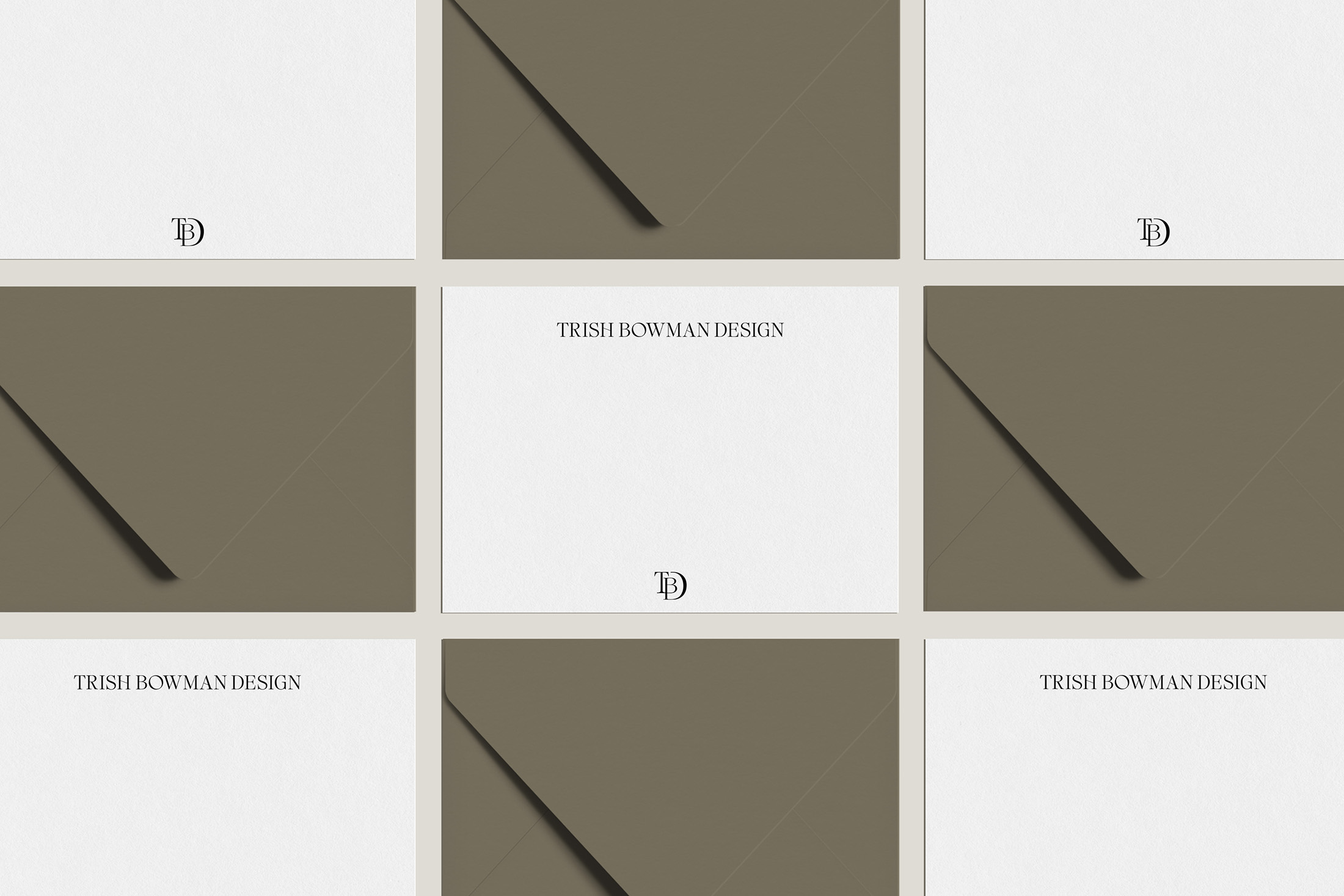 Collection of branded envelopes and stationery in Trish Bowman Design’s signature mushroom and white color scheme.