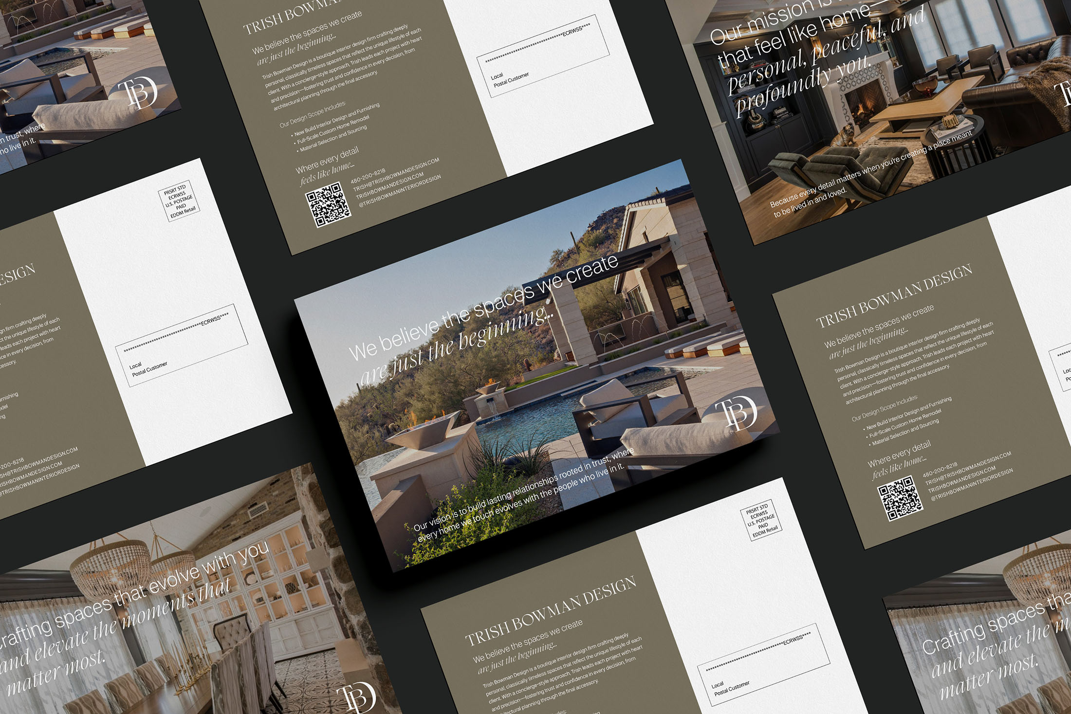 Flat lay of branded marketing materials for Trish Bowman Design, showcasing printed postcards, brand messaging, and interior photography.