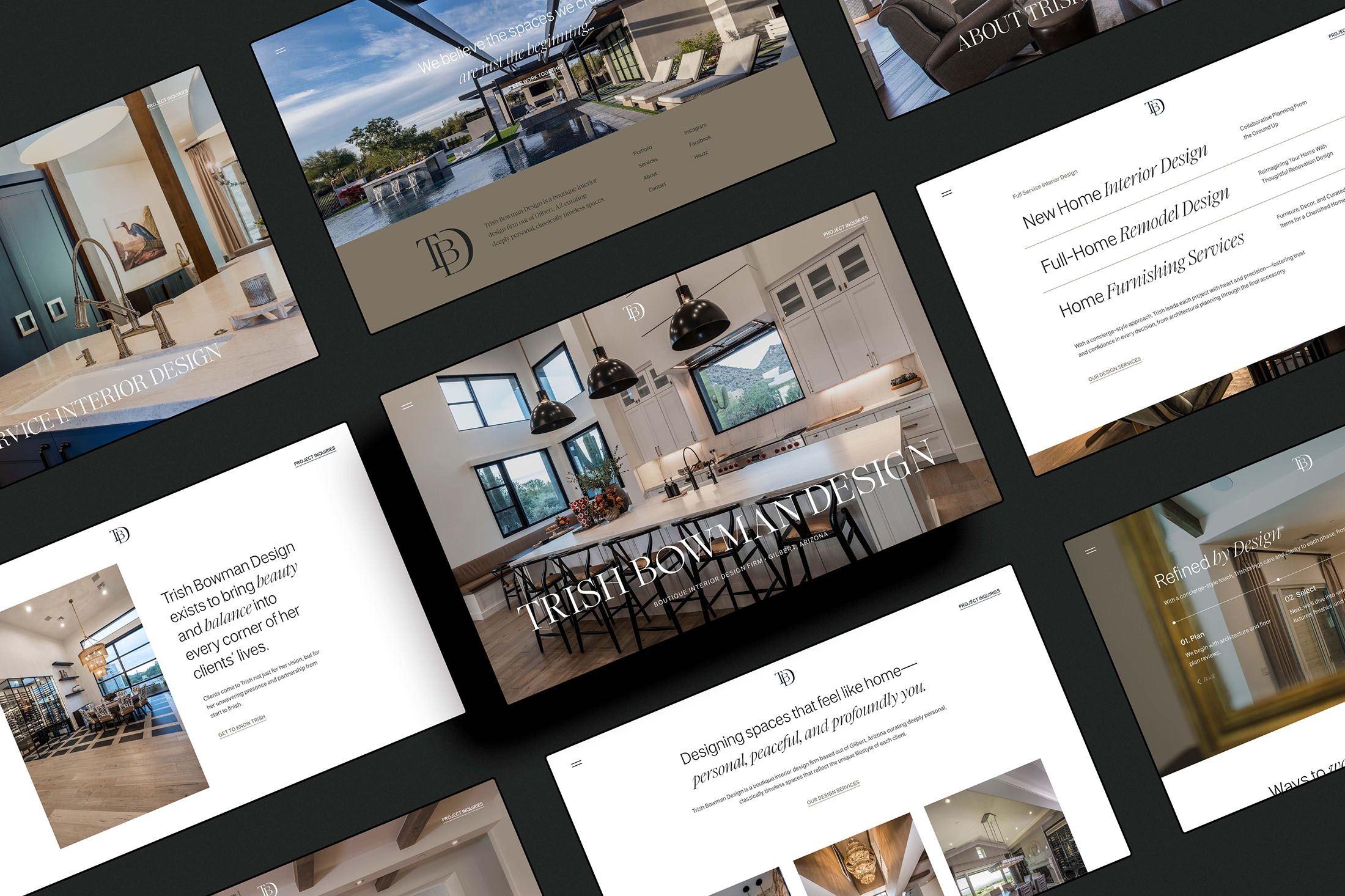 Multiple responsive web design screens for Trish Bowman Design showcasing portfolio, service pages, and brand messaging.
