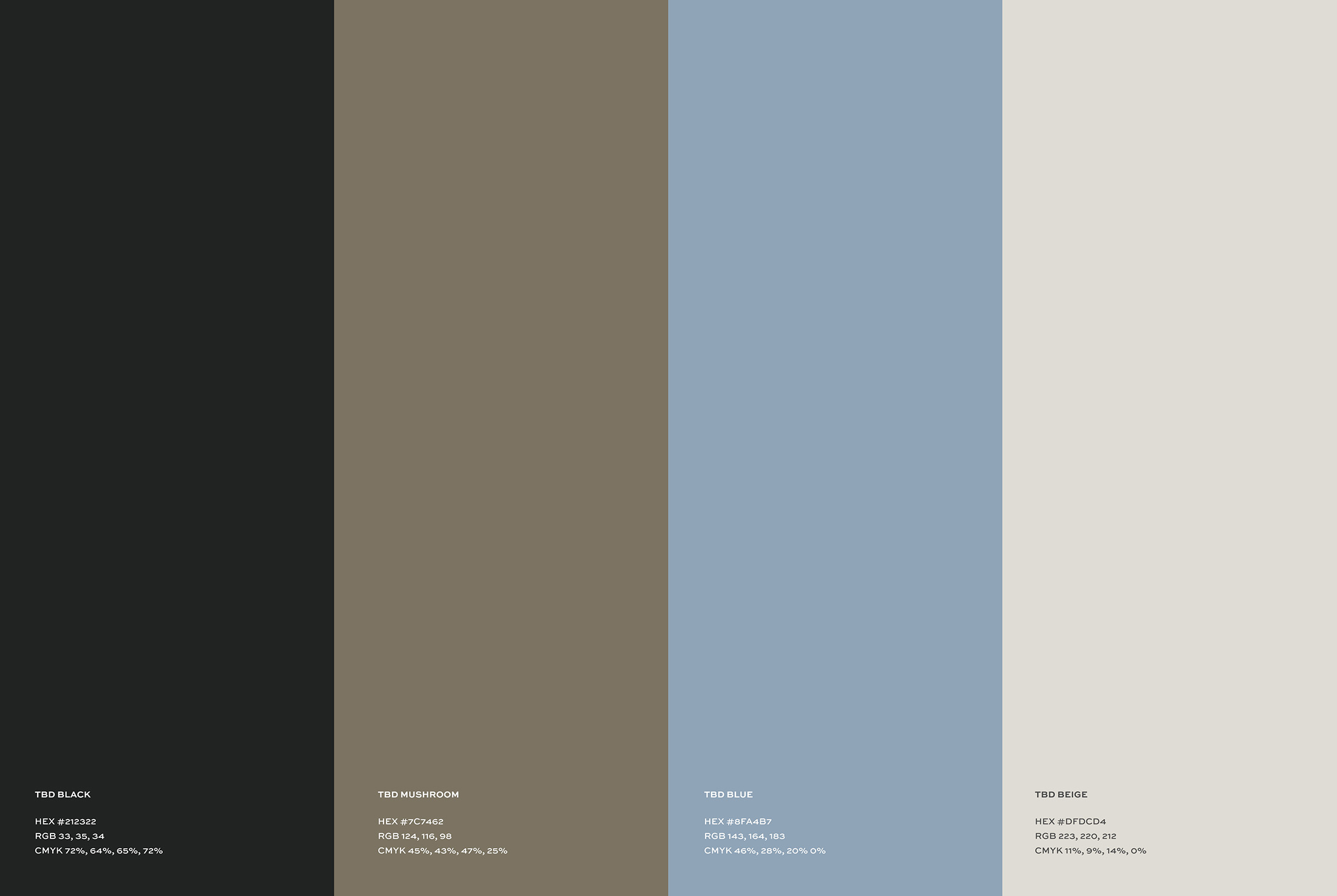 Branded color palette for Trish Bowman Design featuring black, mushroom, soft blue, and beige with hex, RGB, and CMYK values.