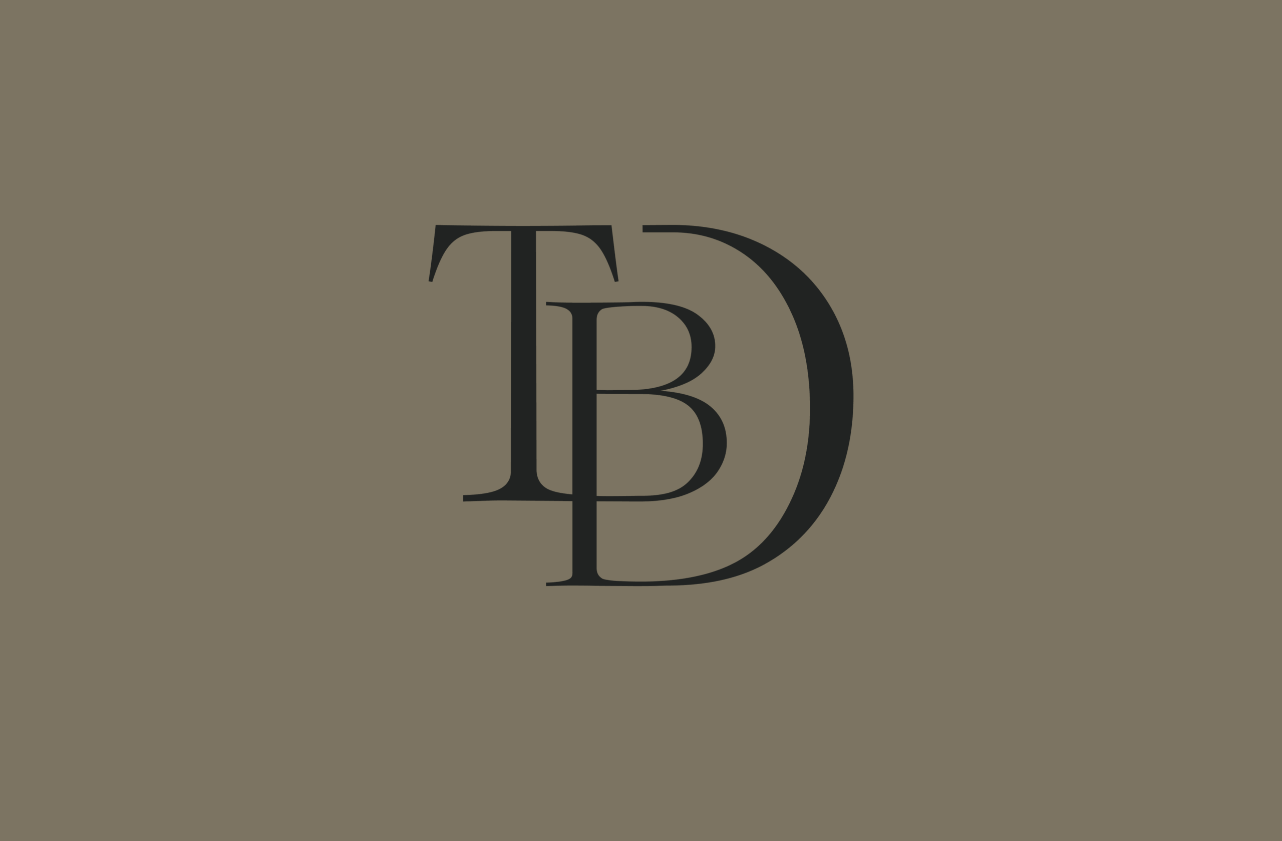 Trish Bowman Design monogram logo featuring “TBD” in a modern serif typeface on a warm mushroom-colored background.