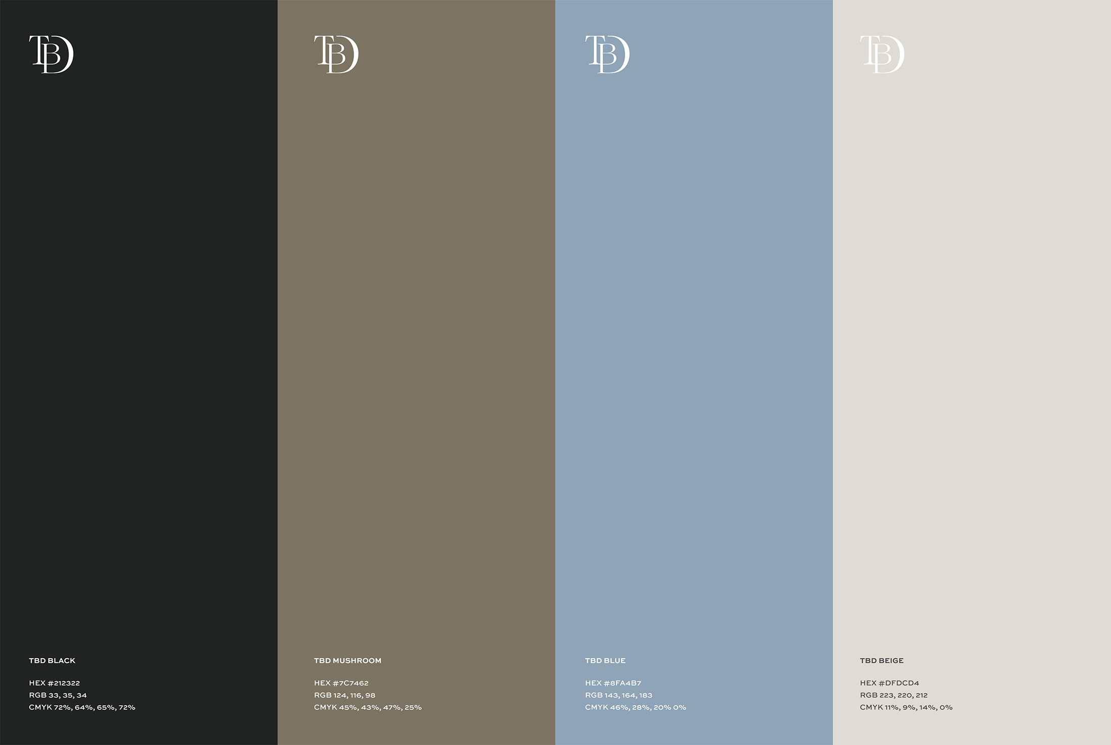 Branded color palette for Trish Bowman Design featuring black, mushroom, soft blue, and beige with hex, RGB, and CMYK values.