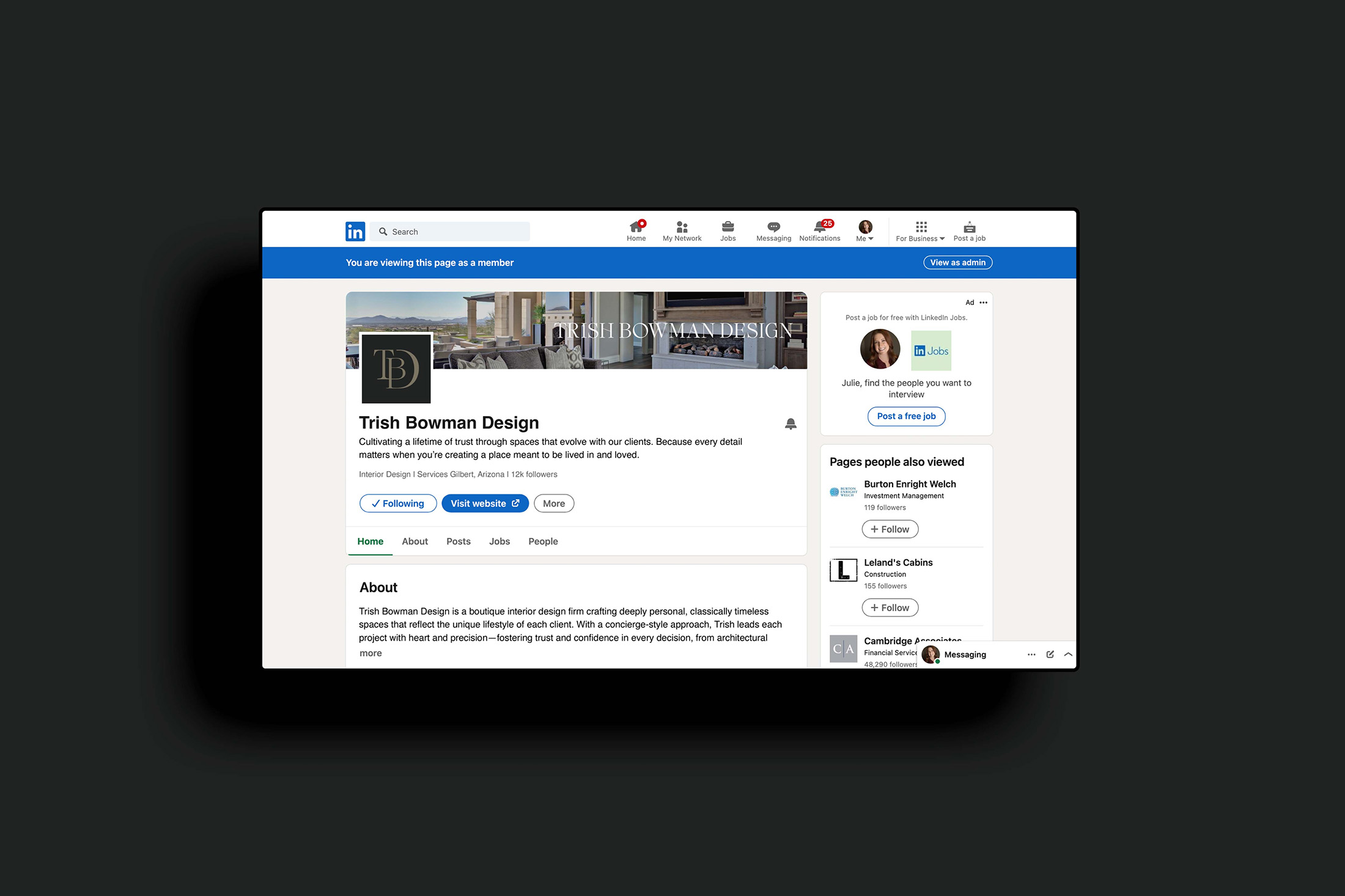 LinkedIn business page for Trish Bowman Design featuring cover imagery, company bio, and branding elements.