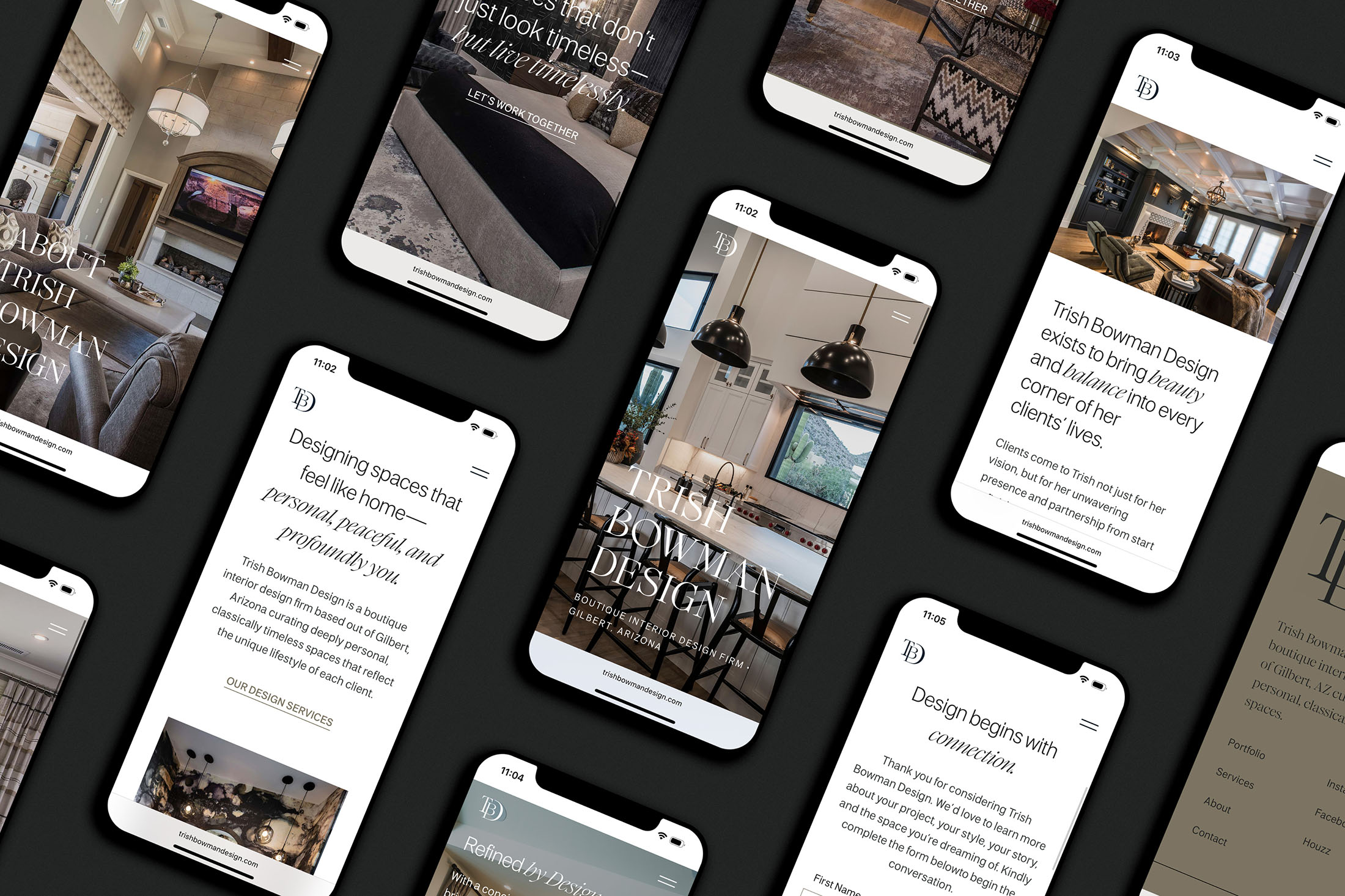 Alt text: Flat lay of multiple mobile screens displaying different pages from the Trish Bowman Design website on a dark background.