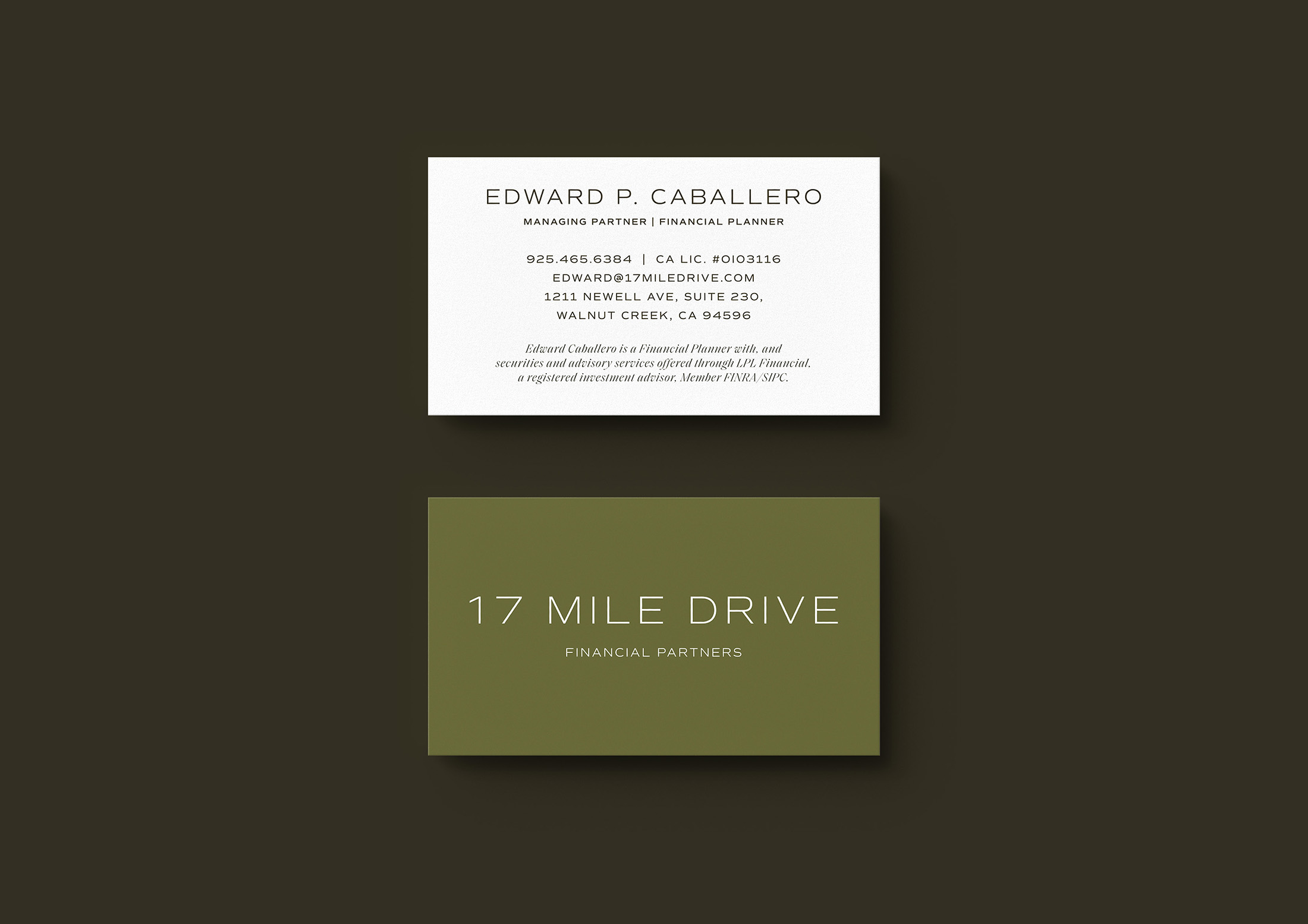 17 Mile Drive business card set showing front with brand name and back with contact details for Edward P. Caballero.