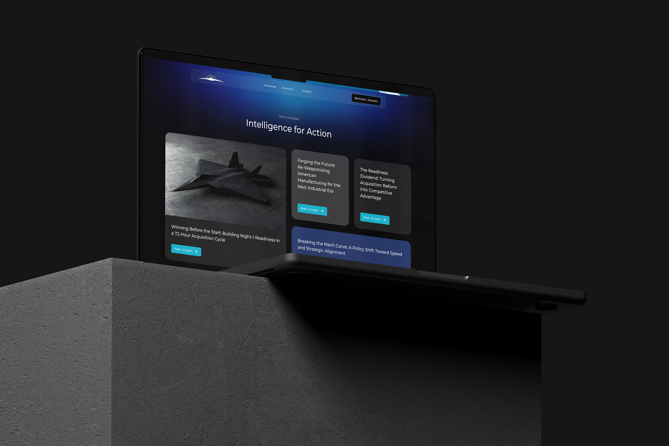 Sentinel Horizon Insights page displayed on a laptop showcasing Intelligence for Action content cards