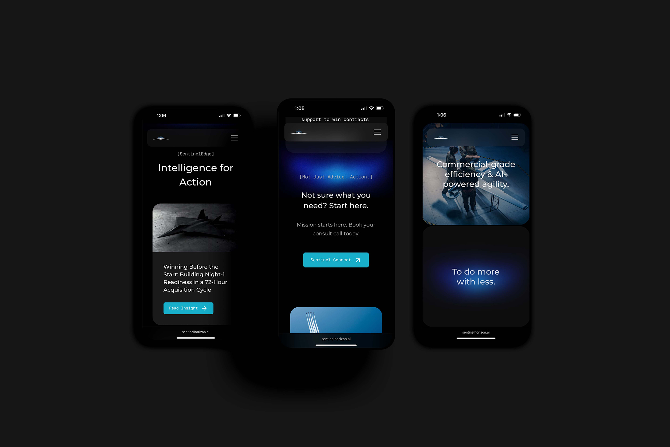 Sentinel Horizon mobile website screens shown across three smartphone mockups