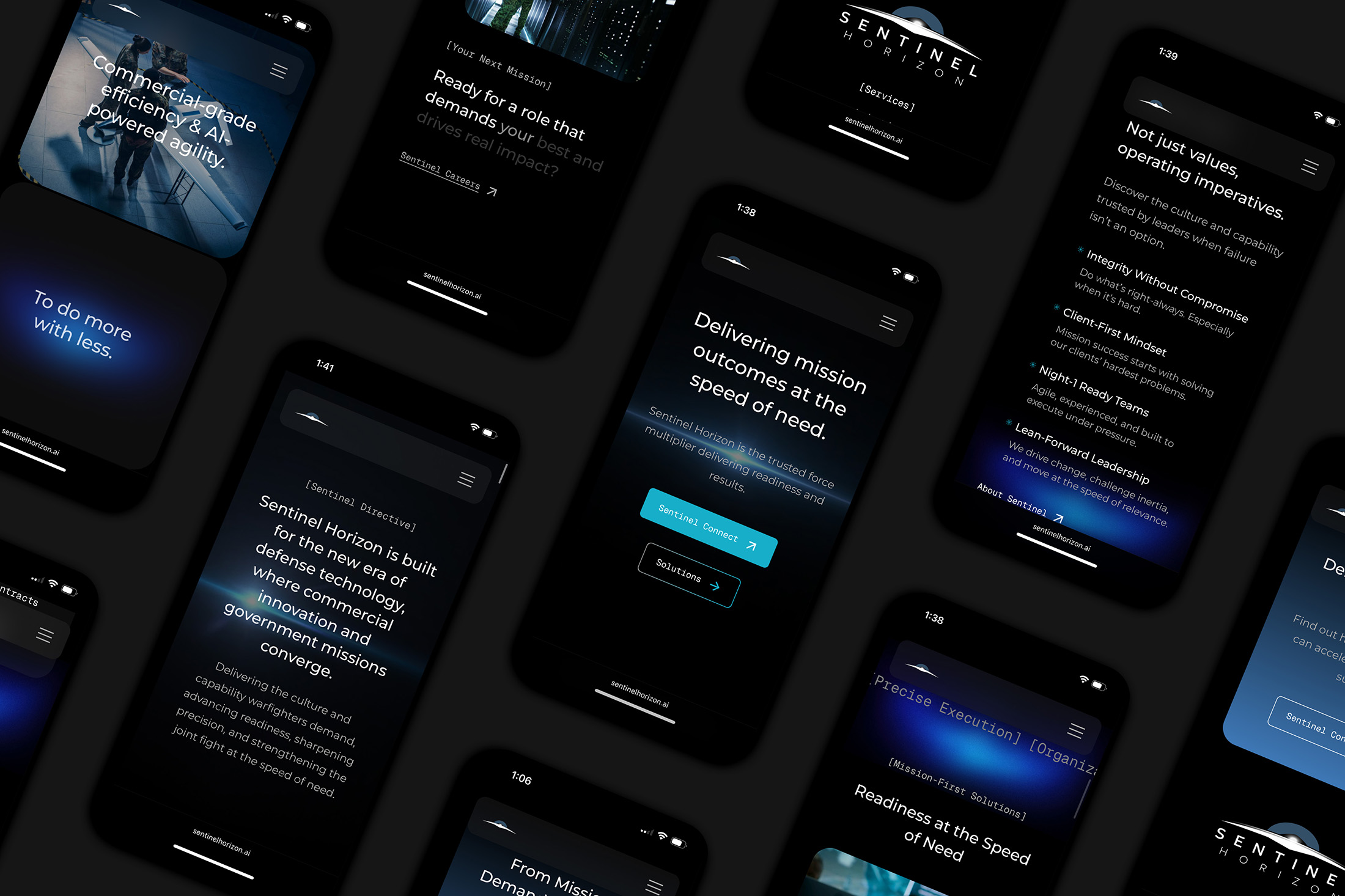 Sentinel Horizon mobile website screens displayed across multiple smartphone mockups in a grid layout