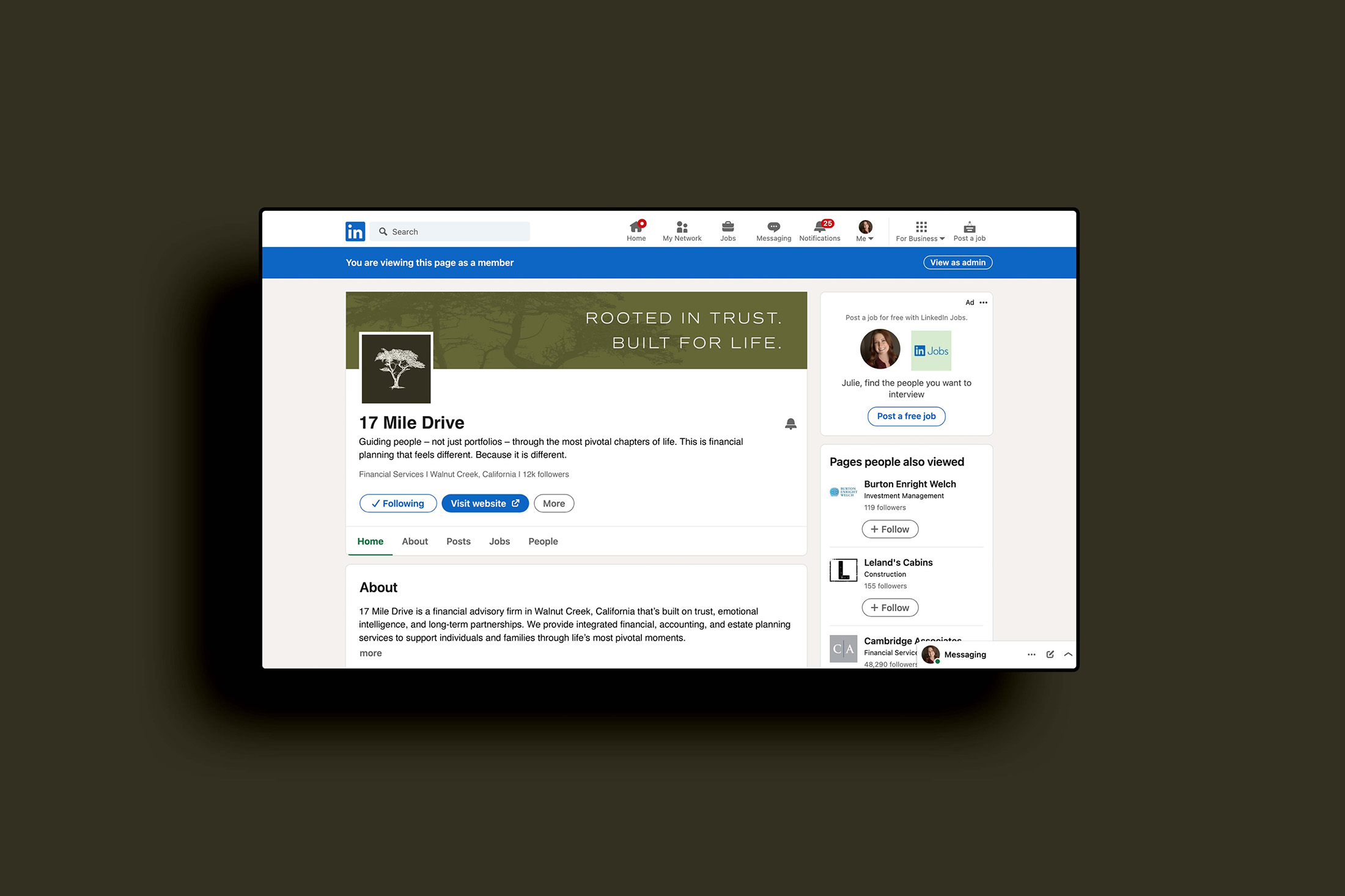 17 Mile Drive LinkedIn profile showcasing the financial advisory brand and messaging