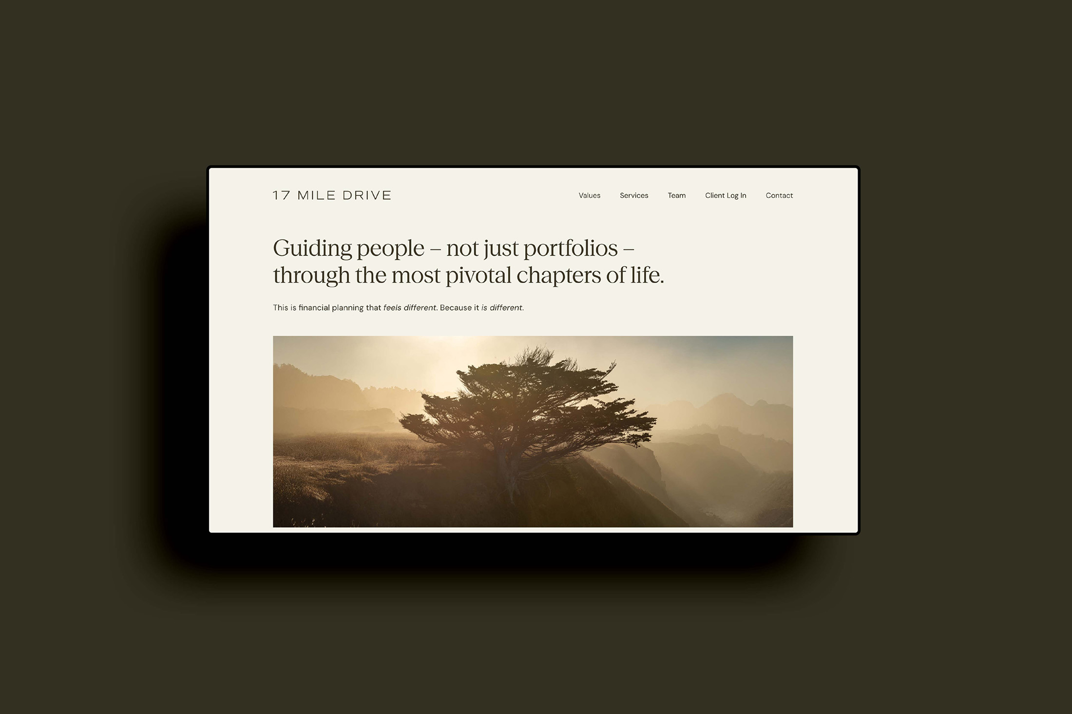 17 Mile Drive website homepage design featuring a human-centered financial planning message and coastal landscape imagery.