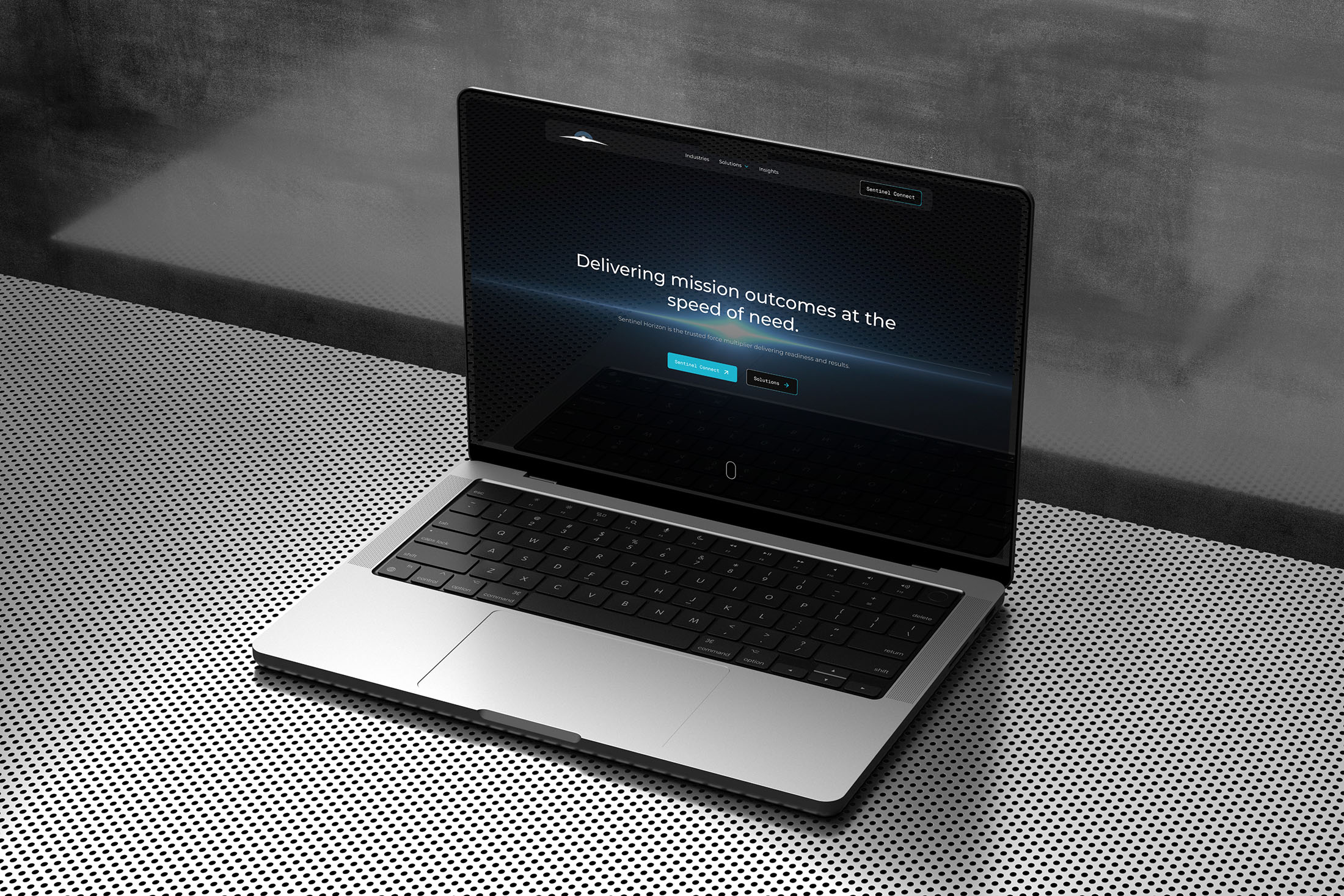 Sentinel Horizon website homepage displayed on a laptop mockup with the headline Delivering mission outcomes at the speed of need.
