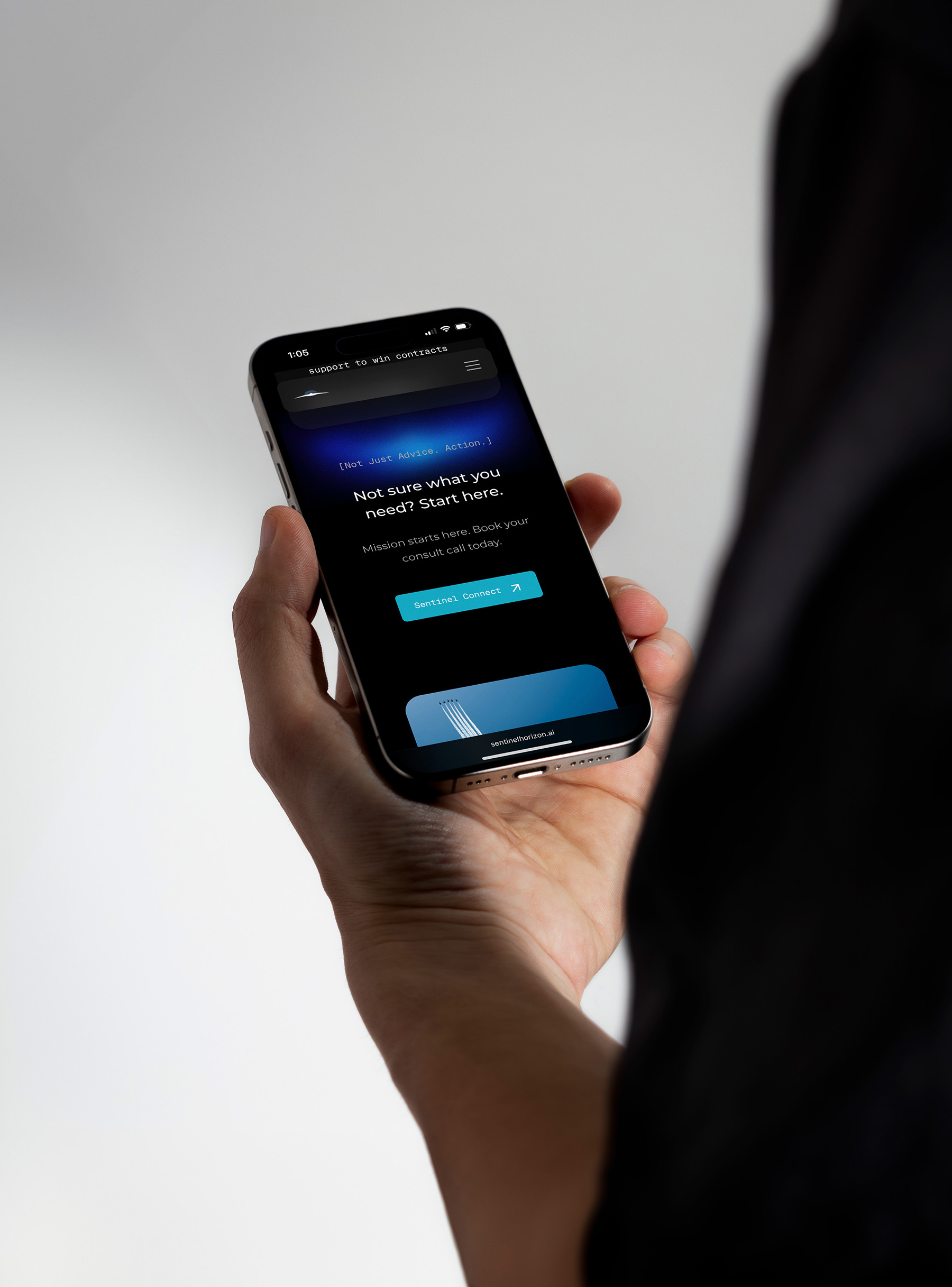 Sentinel Horizon mobile website call-to-action screen shown on a smartphone in hand