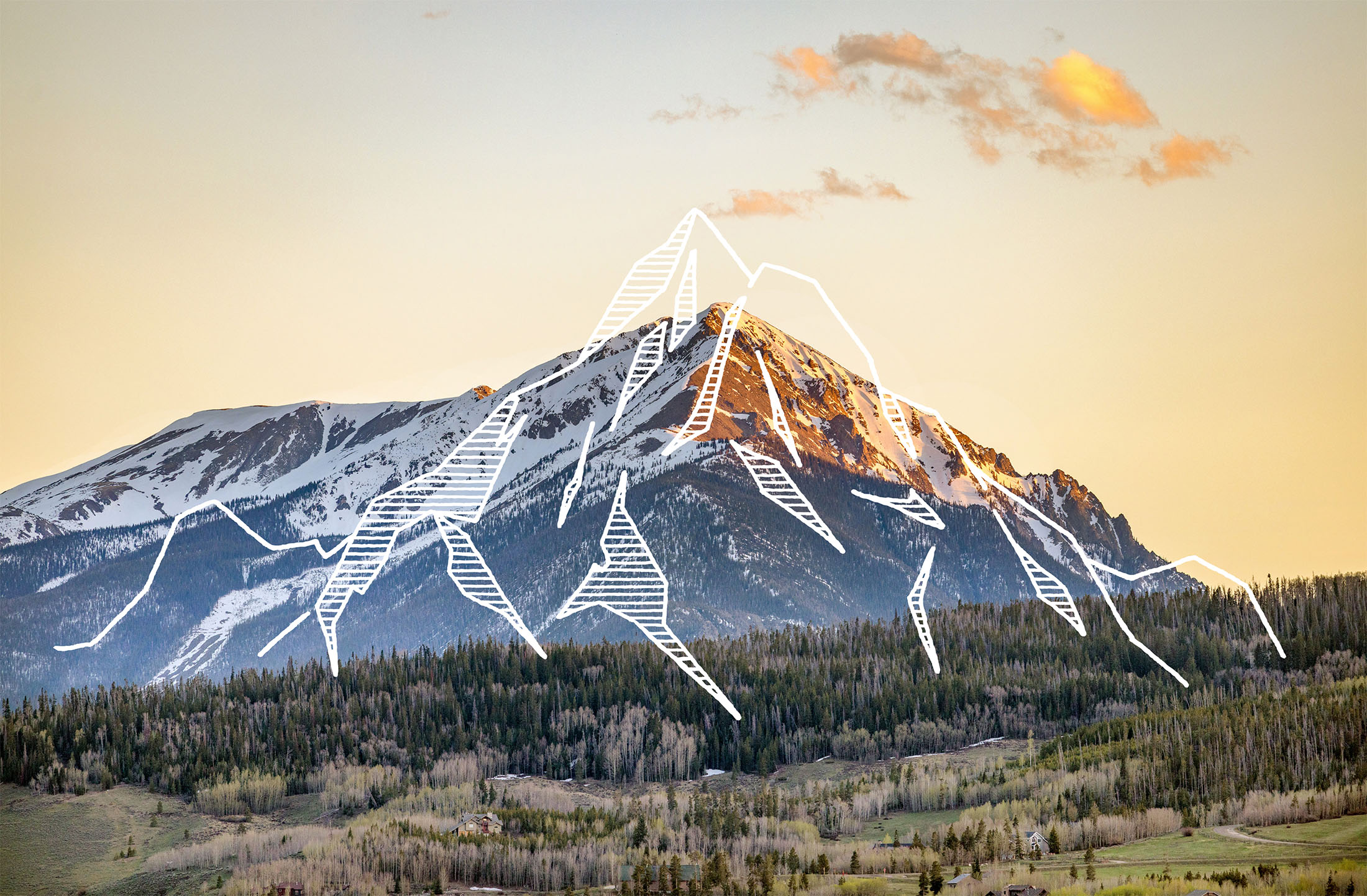 Colorado mountain landscape at golden hour featuring a hand-drawn mountain illustration overlay.