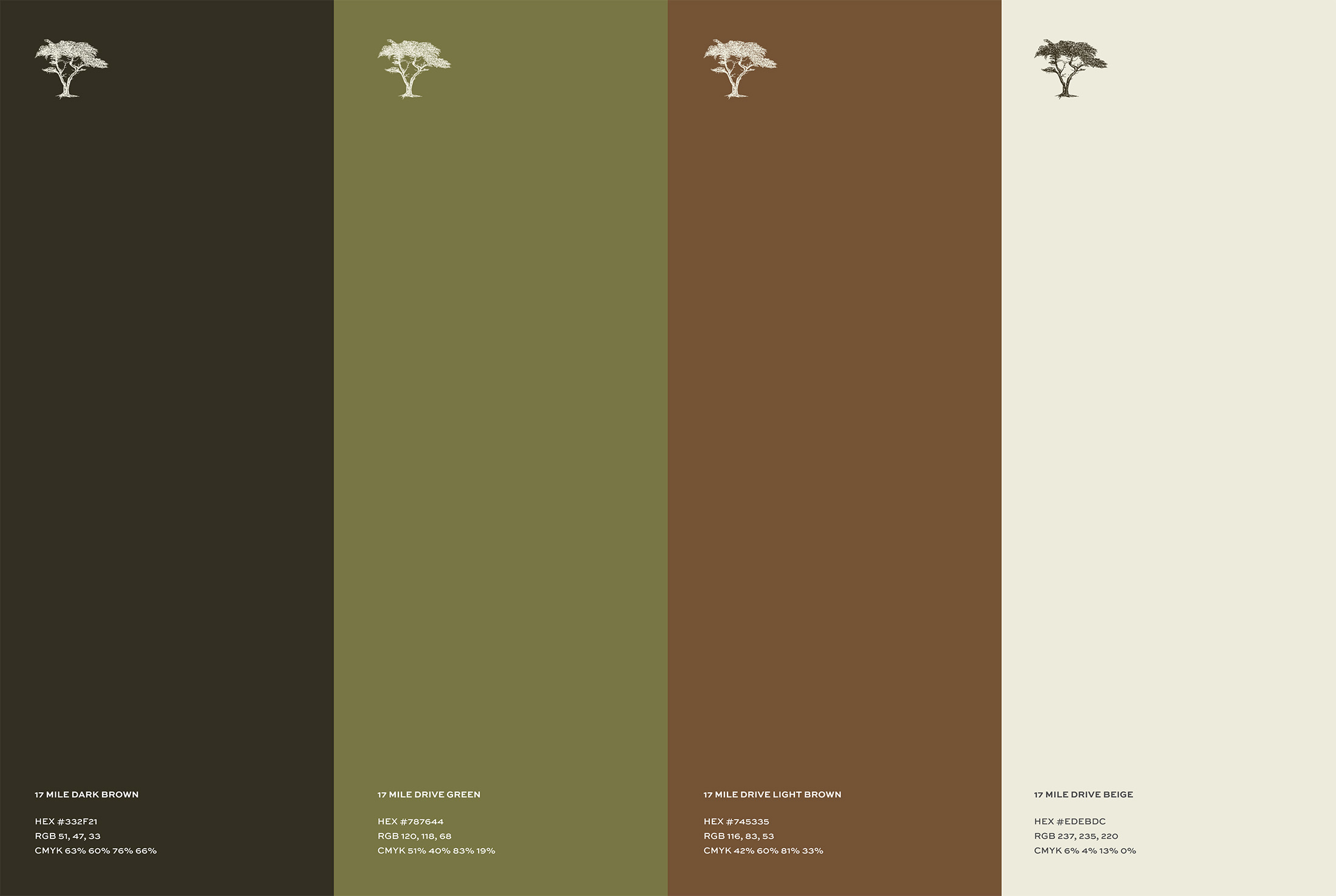 17 Mile Drive color palette, showcasing earth-toned brand colors used across digital and print applications.