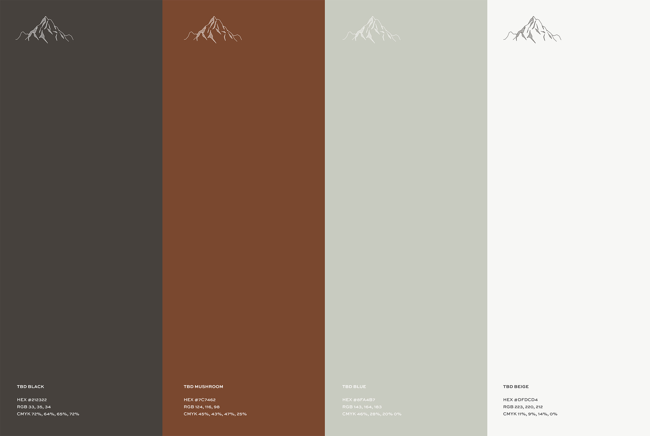Sweet Homes of Colorado brand color palette featuring black, mushroom brown, muted blue, and beige tones with mountain icons.
