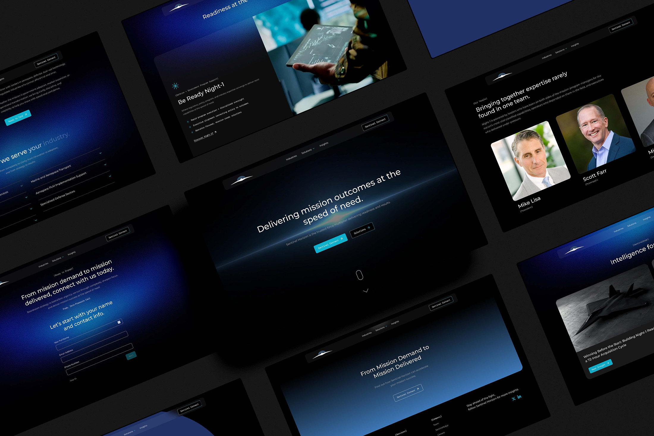 Collection of Sentinel Horizon website page layouts showcasing homepage, content, and team sections
