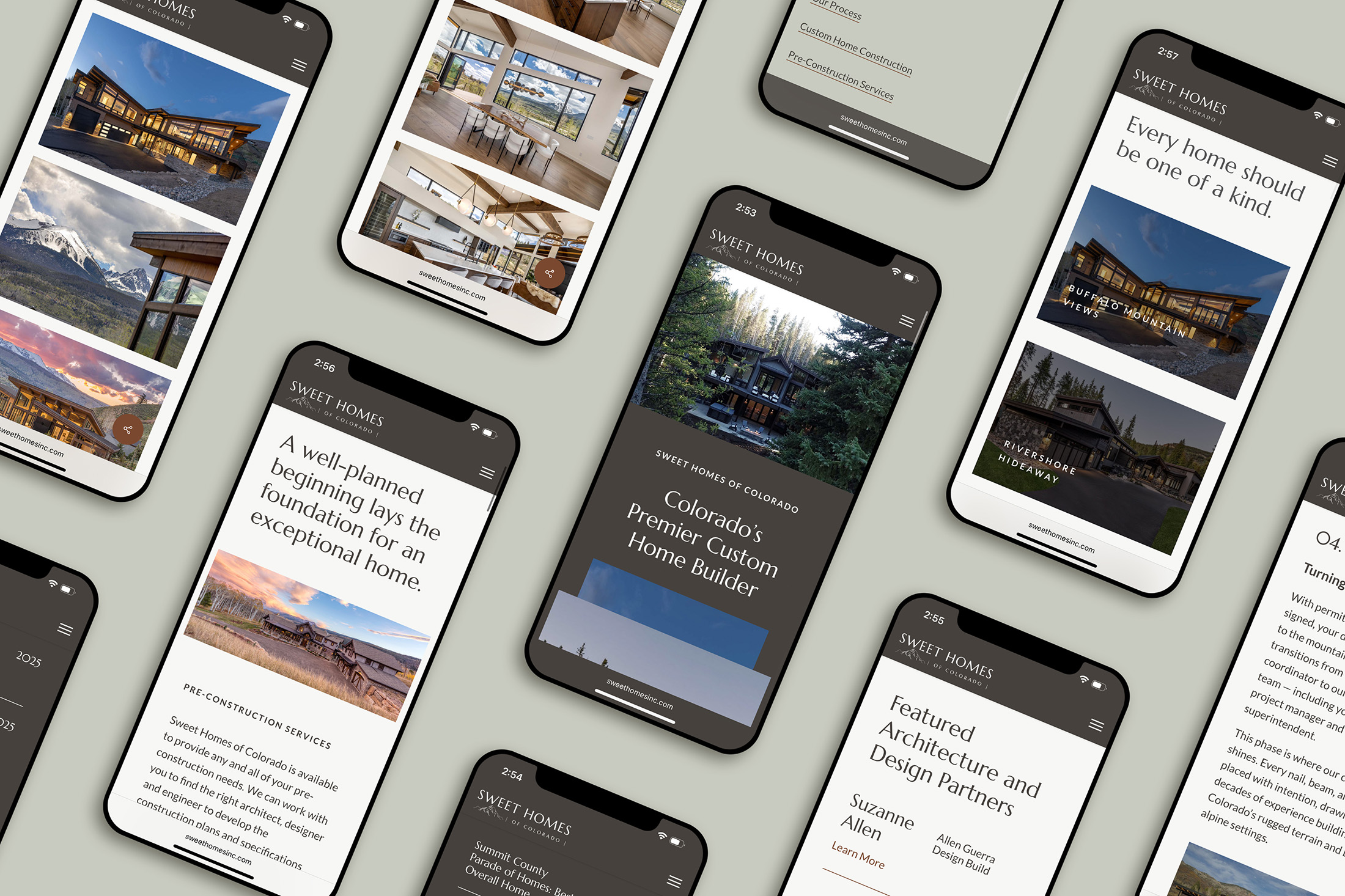 Mobile website layouts showcasing Sweet Homes of Colorado custom home projects and process pages