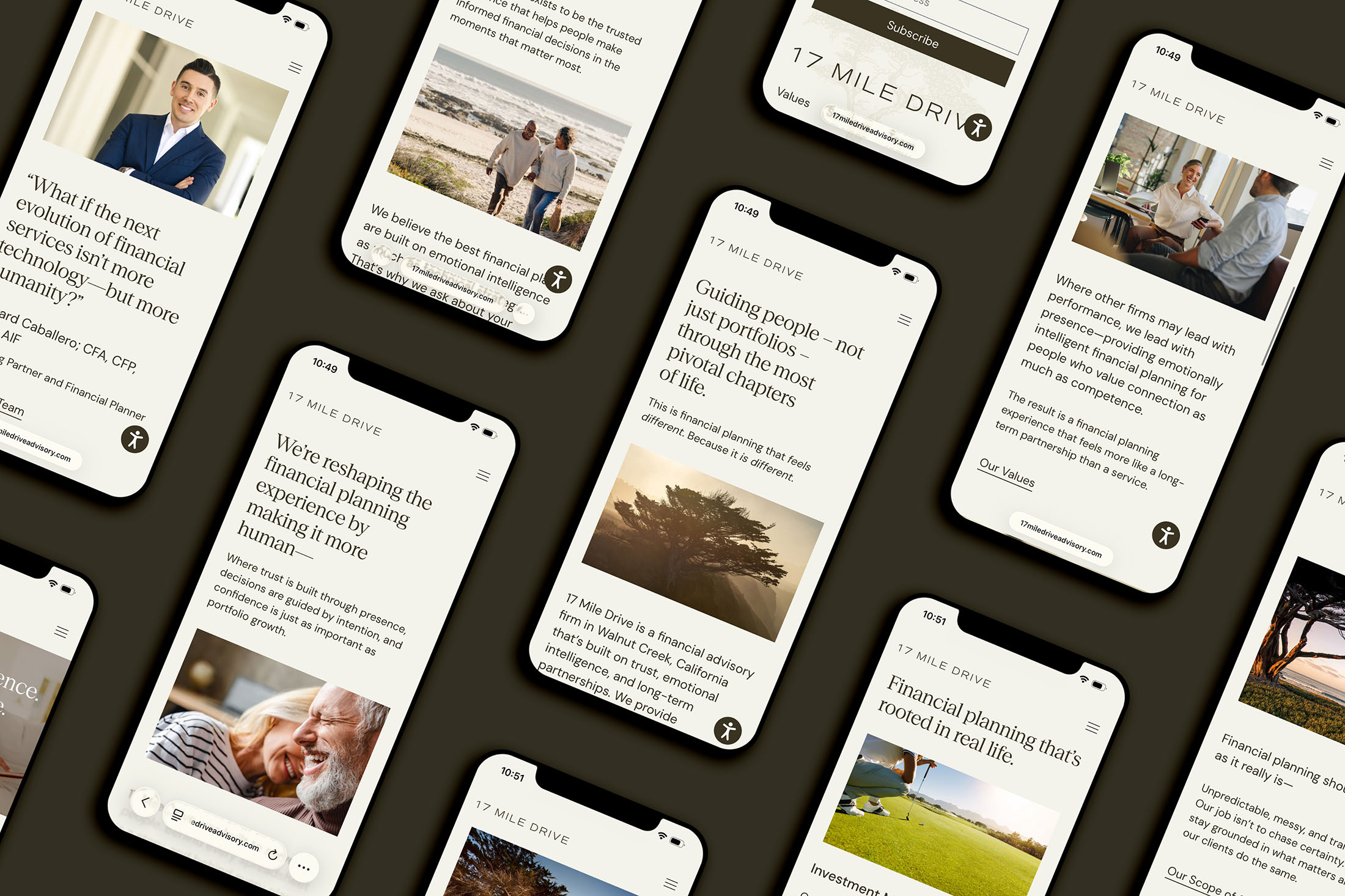 Mobile website designs for 17 Mile Drive highlighting human-centered financial planning content