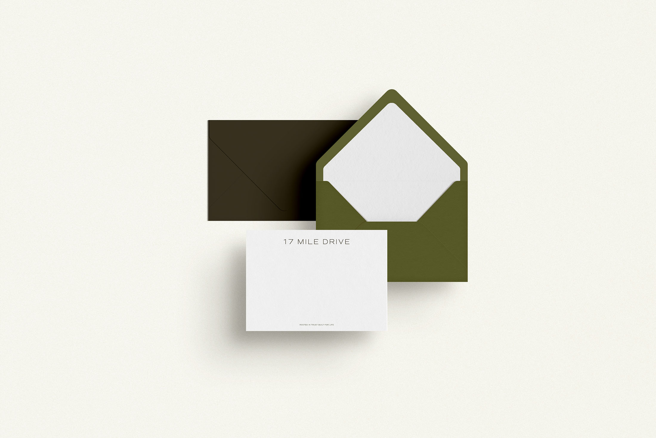 17 Mile Drive brand stationery system, including envelopes and letterhead designed for a modern financial advisory firm.