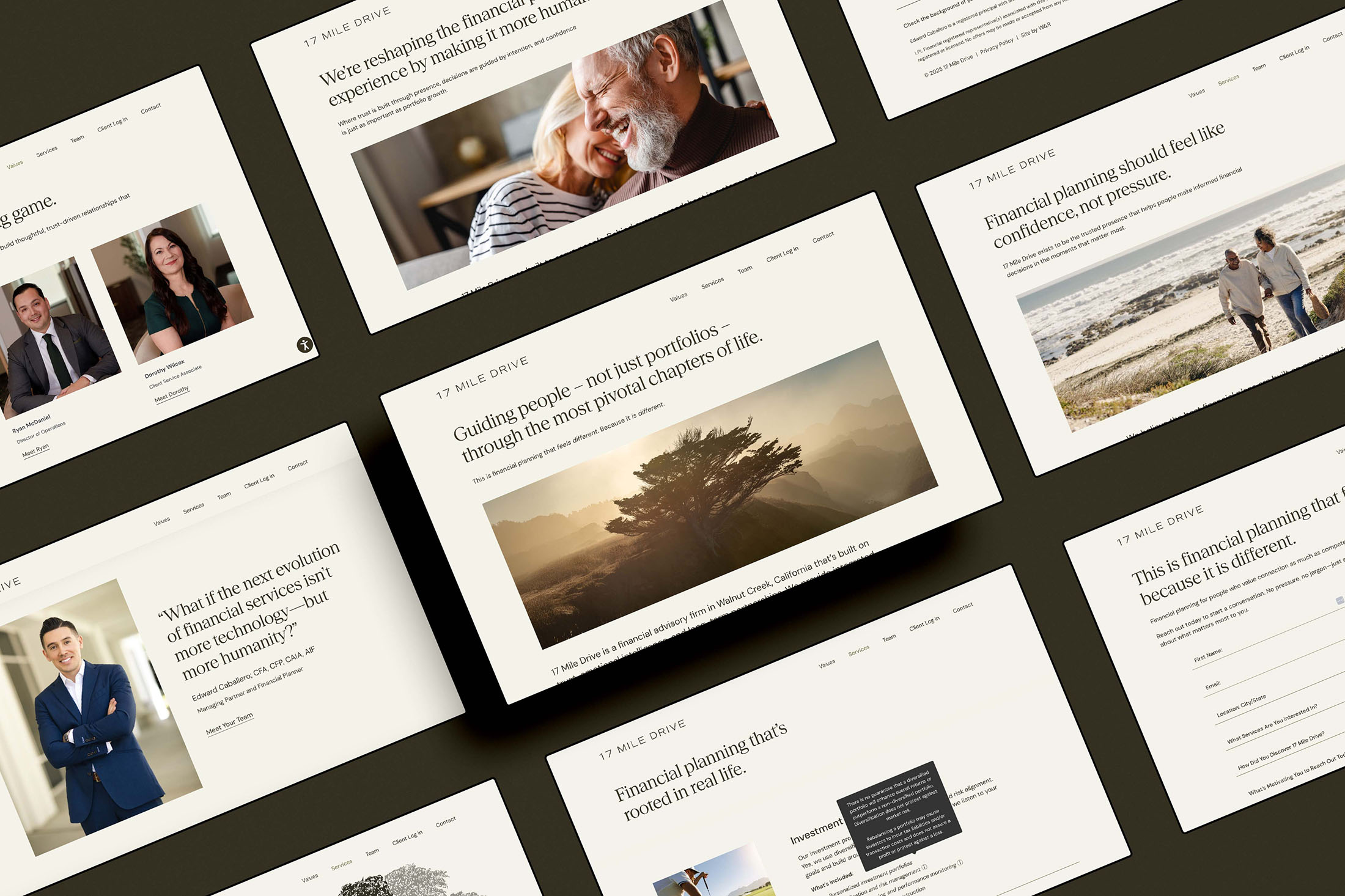 Responsive web design layouts for 17 Mile Drive, showcasing key pages across desktop screens with refined typography and imagery.
